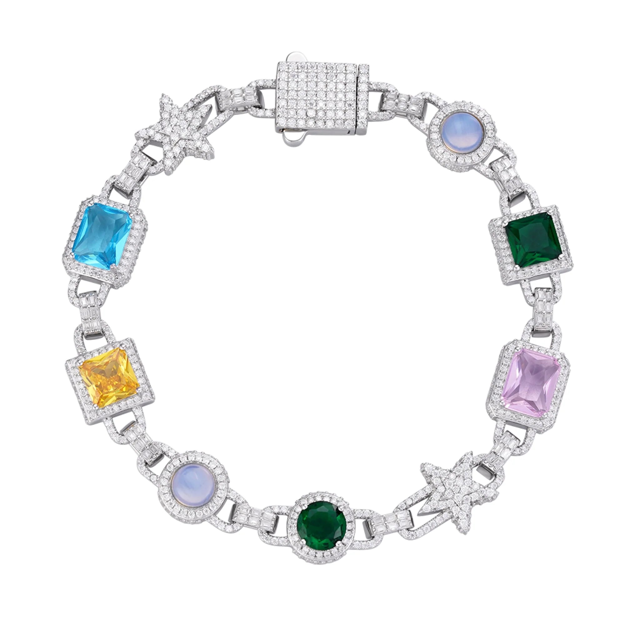 Moissanite Color Stone Star Link Bracelet 925 Sterling Silver - Elegant Jewelry for Women, Gift for Her, Perfect for Weddings, Parties & Special Occasions