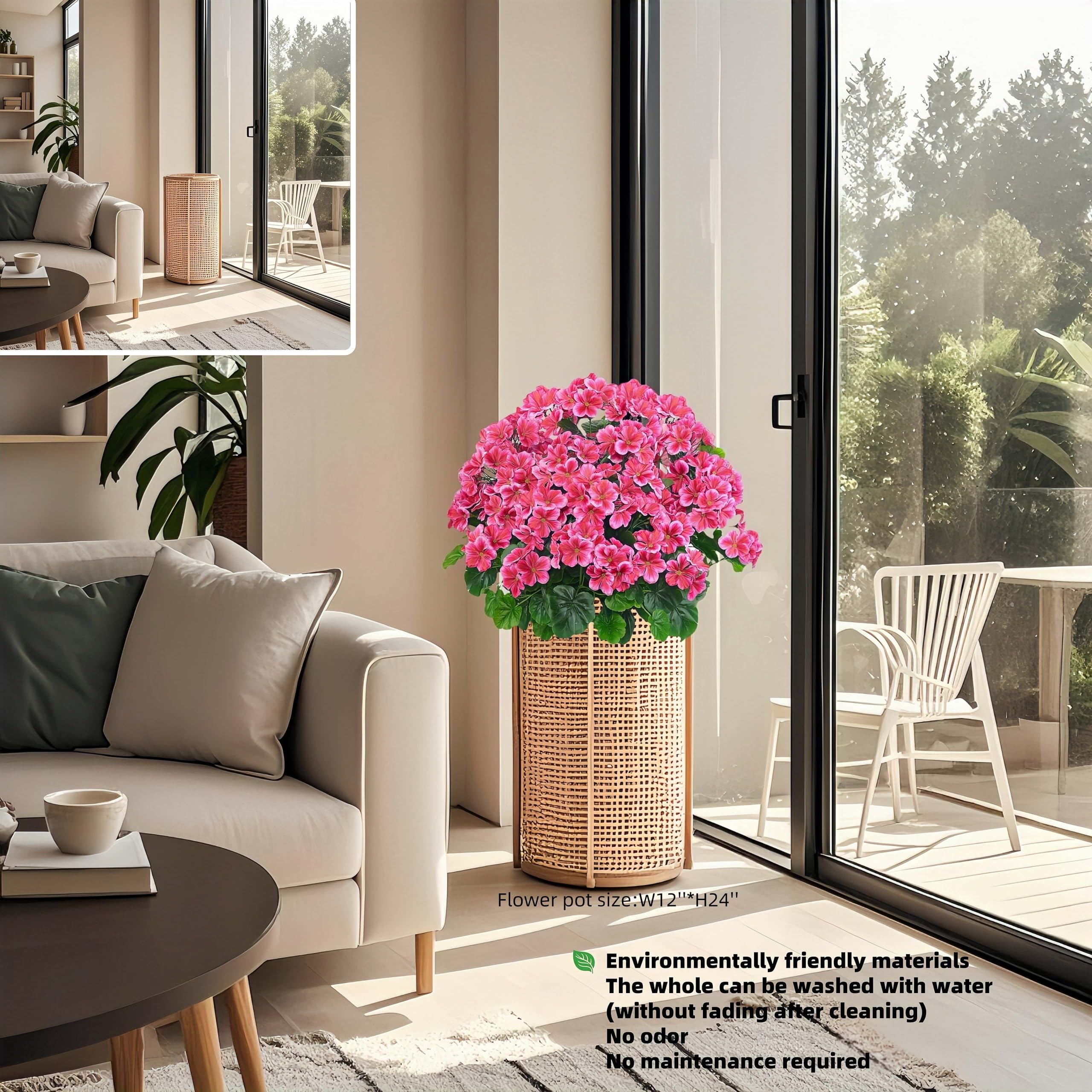 20” Artificial Topiary Potted Fake Geraniums Bush - UV Resistant Outdoor Decor for Front Porch, Garden, Yard & Patio - Dark Pink - Perfect for Home, Office & Wedding Decorations