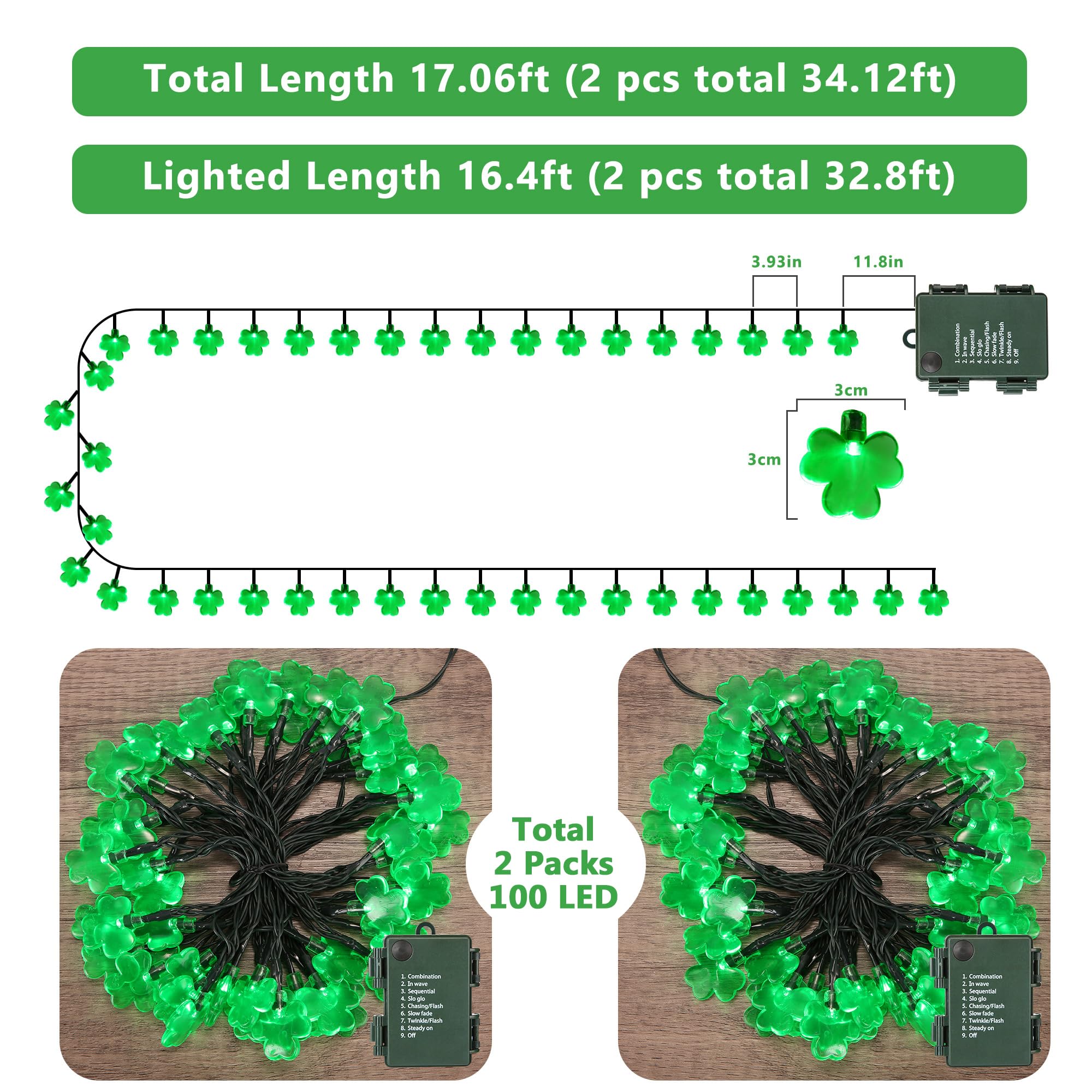 ODEETRONIC 2 Sets Shamrock String Lights - 32.8ft 100 LED Green St. Patrick's Day Lights with Timer & 8 Modes | Battery Operated Green Wire Fairy Lights for Indoor/Outdoor Decor | Perfect for St. Patrick's Day Party, Home, Garden, Wedding, and Holiday Decorations