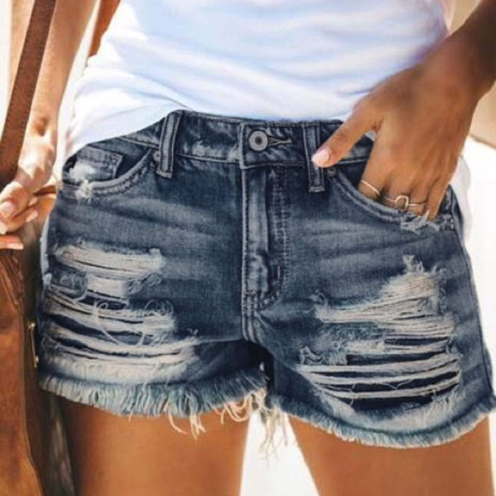 **Women's Plus Size Distressed Ripped Denim Shorts – Stretchy Frayed Raw Hem Jean Shorts for Casual & Summer Outfits**    **使用场景:** Perfect for beach trips, music festivals, casual outings, and summer vacations.