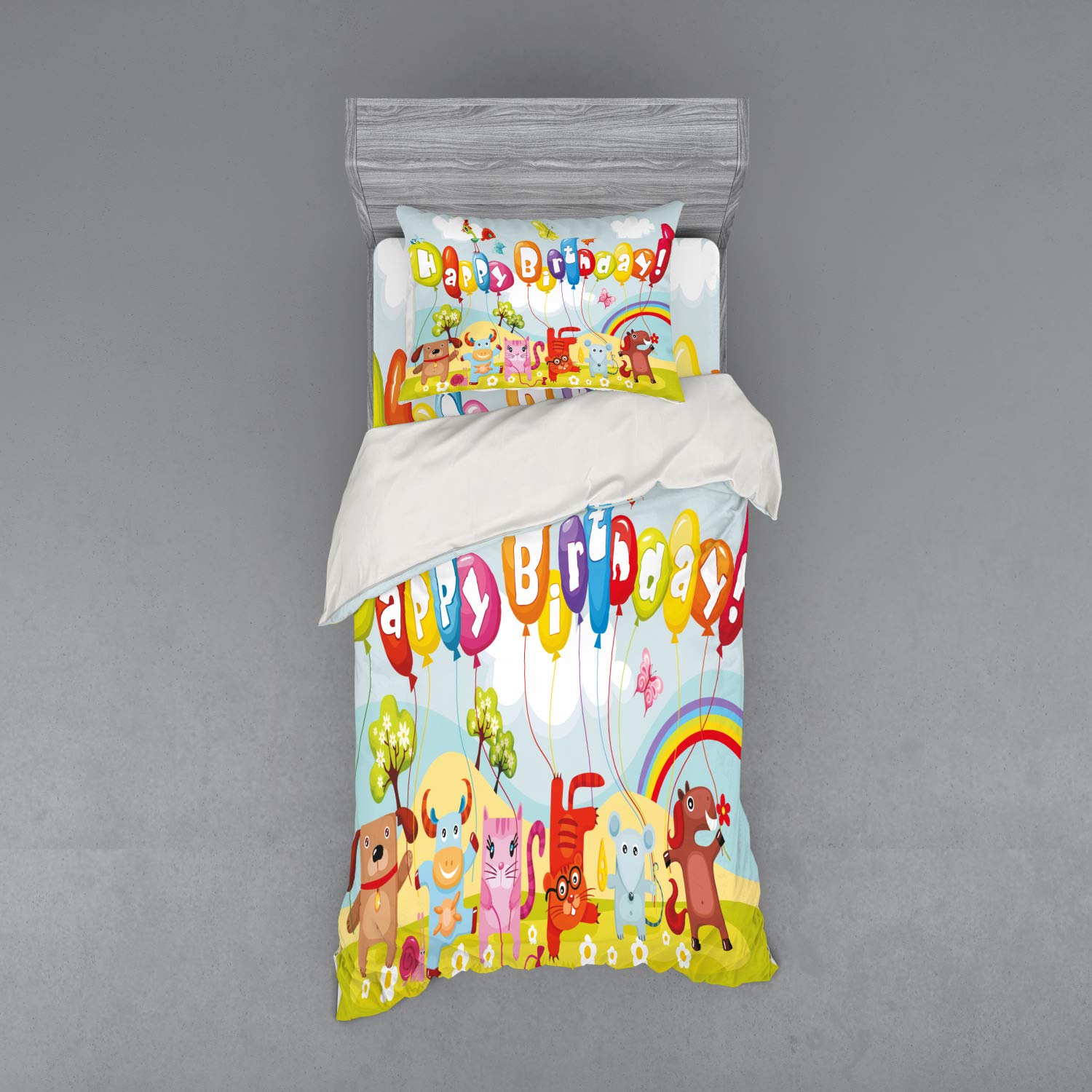 Ambesonne Farm Life Animals Balloons Rainbow Clouds Duvet Cover Set - 3 Piece Twin Size Bedding with Sham & Fitted Sheet - Vibrant Birthday Party Decor for Kids Room, Dorm or Guest Bedroom