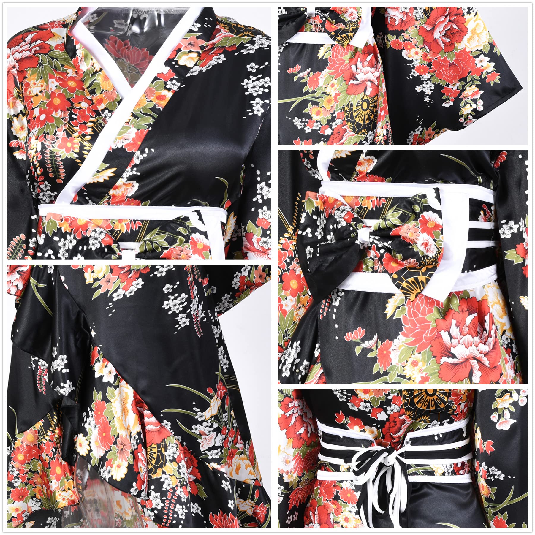 Japanese Women's Kimono Robe - Elegant Geisha Yukata with Sweet Tuxedo Ruffle & Blossom Print | Satin Bathrobe Sleepwear Set with Tabi Socks | Perfect for Spa Days, Cosplay, and Relaxing at Home