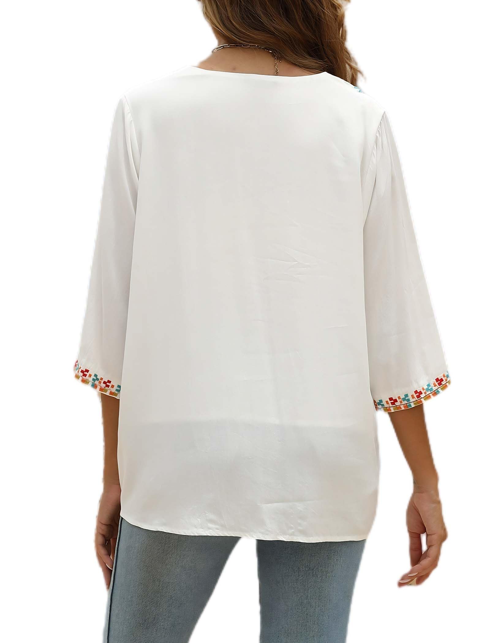 AK Embroidered Peasant Blouse for Women - 3/4 Sleeve Mexican Tunic Top with V-Neck - Traditional Embroidered Casual Shirt for Everyday Wear, Festivals & Boho Style Outfits