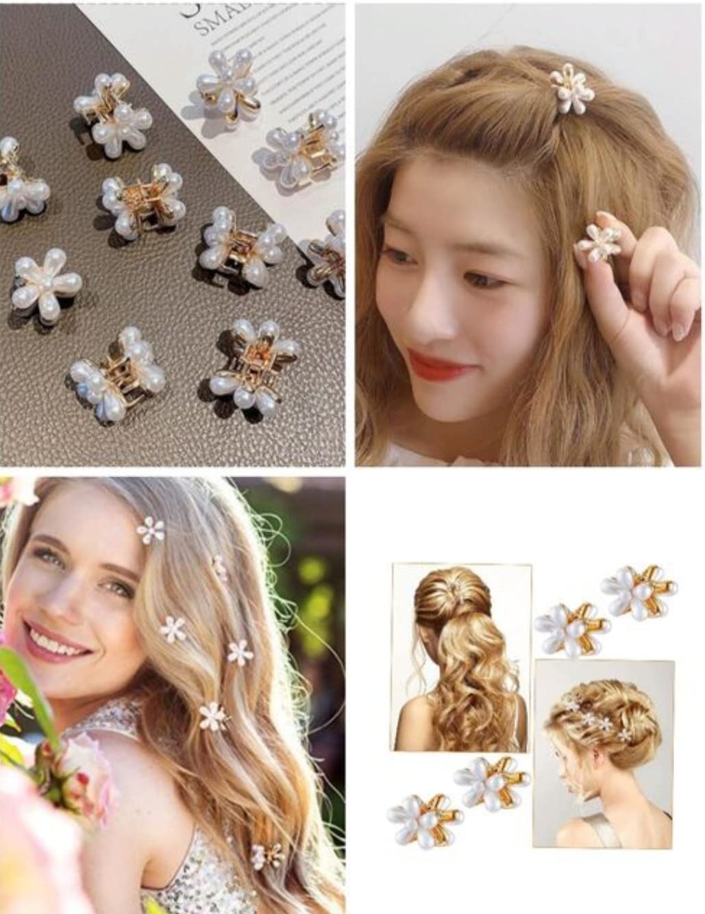 HSNJ JEWELS 12-Pack White Pearl Mini Claw Hair Clips with Floral Design - Small Metal Barrettes Hair Clips for Women & Girls - Perfect for Weddings, Parties, and Everyday Styling