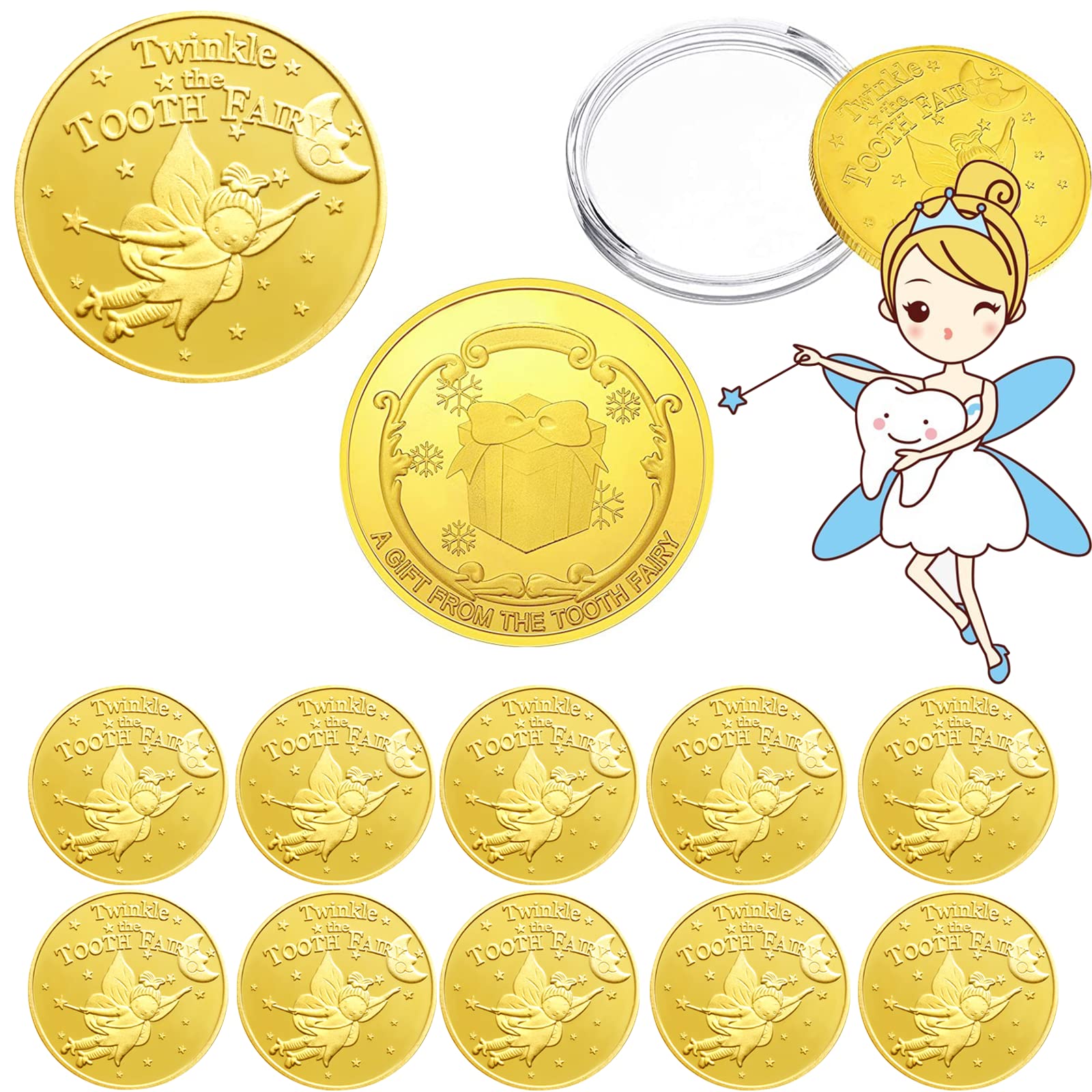 10PCS Tooth Fairy Coins - Golden Plated Metal Coins for Lost Teeth Reward, Kids Tooth Change Souvenir & Dentist Gifts | Perfect for Christmas, Tooth Fairy Traditions & Dental Office Rewards