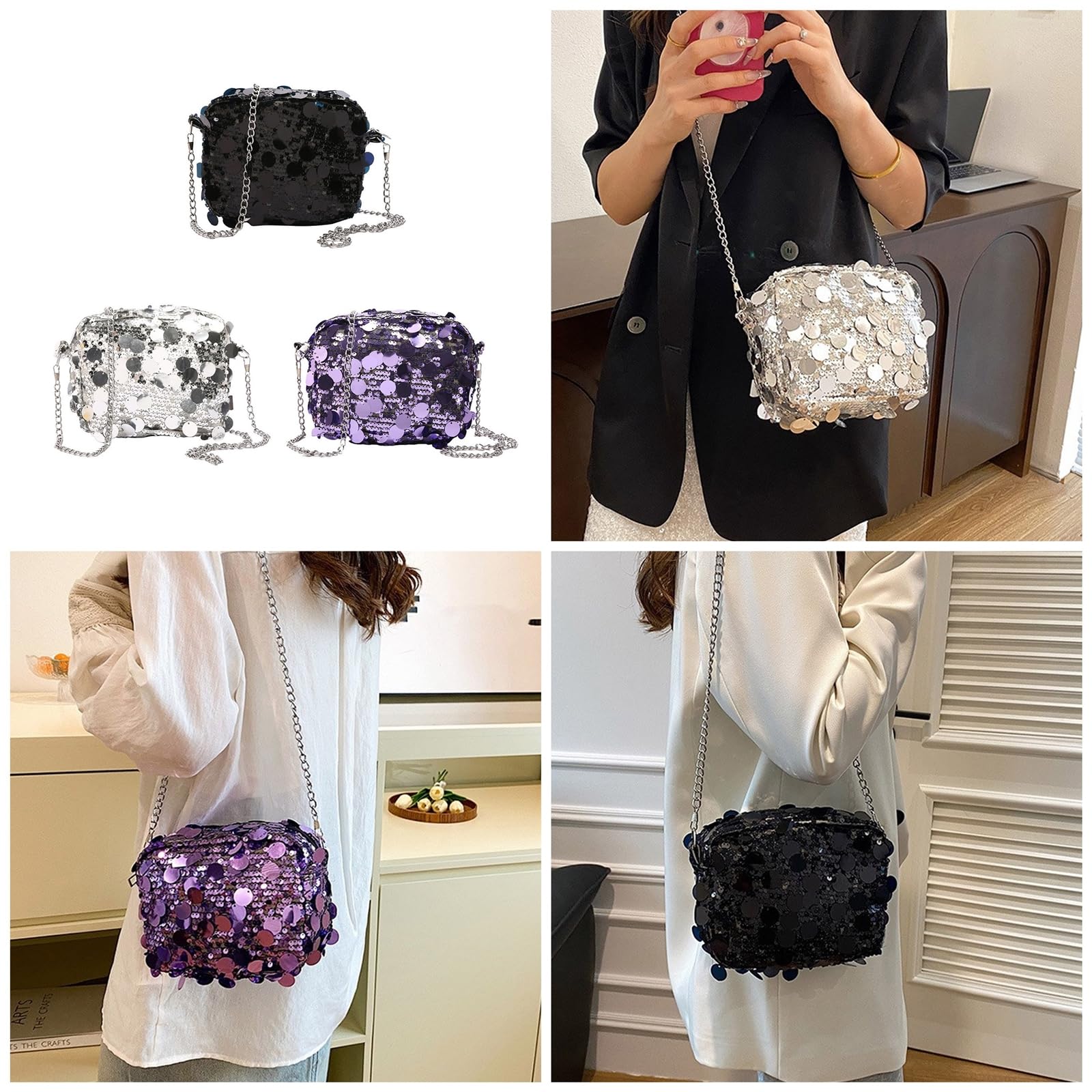 Sparkling Sequined Evening Bag for Women - Elegant Shoulder & Crossbody Purse with Detachable Chain | Perfect for Parties, Weddings & Special Occasions