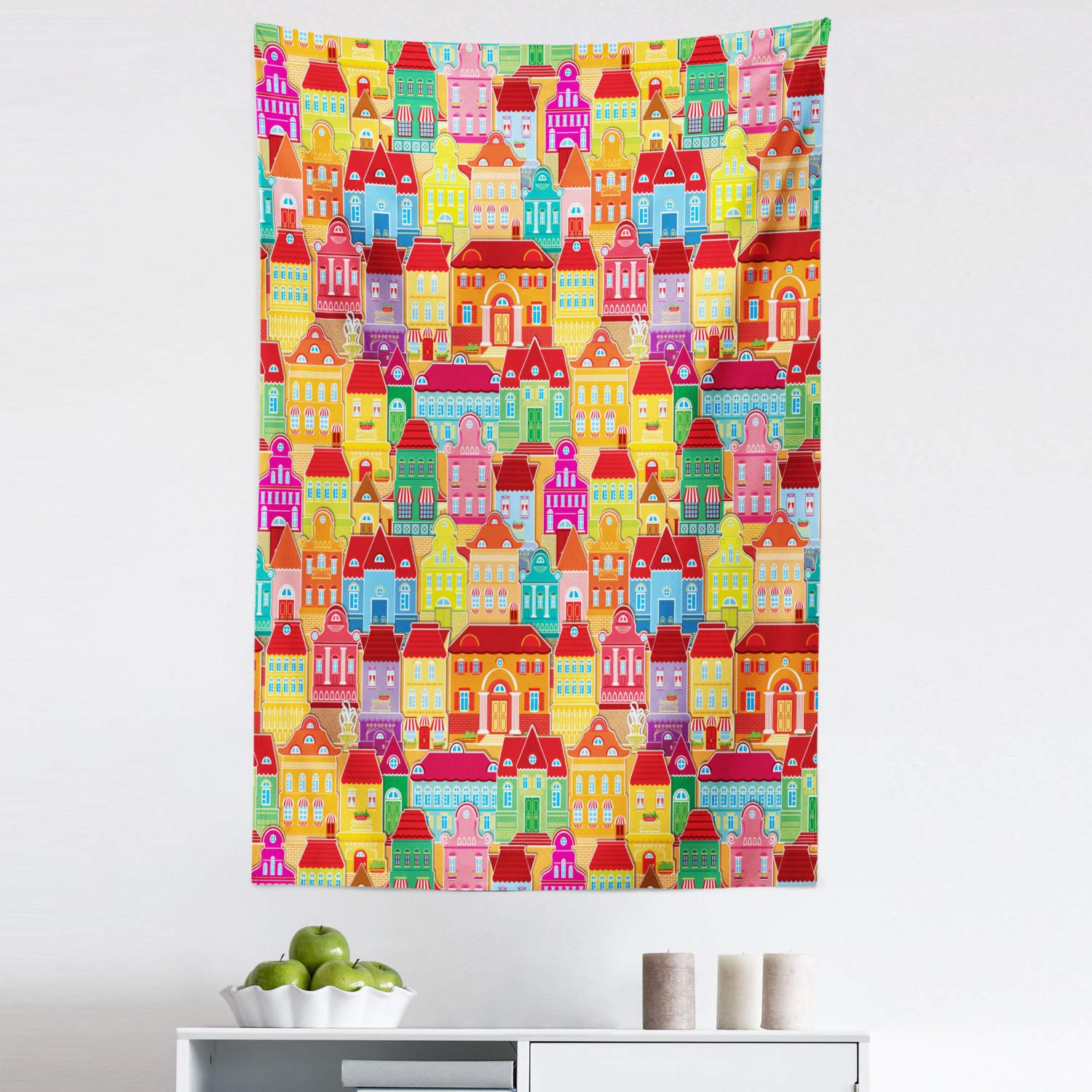 Ambesonne Cityscape Cartoons Tapestry - European Architecture Art with Houses, Pillars & Fountains Urban View Wall Hanging Decor for Bedroom, Living Room, Dorm (30