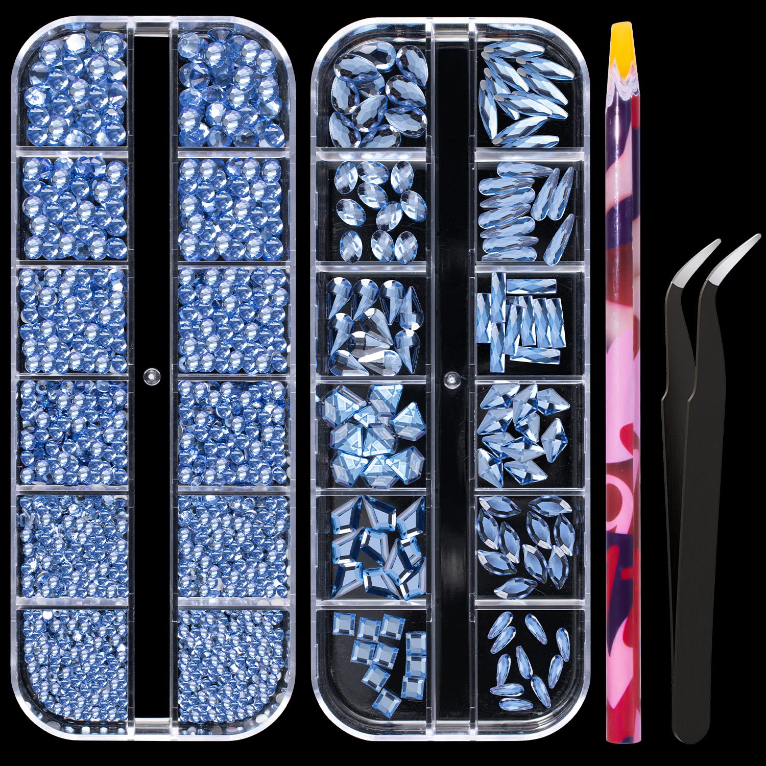 3D Glass Crystal Nail Art Rhinestones Kit - Multi Shapes Light Blue Flatback Gems with Pickup Pen & Tweezer for Manicure, DIY Crafts, Jewelry Making - Perfect for Home Salon, Party Nail Designs & Gift Giving
