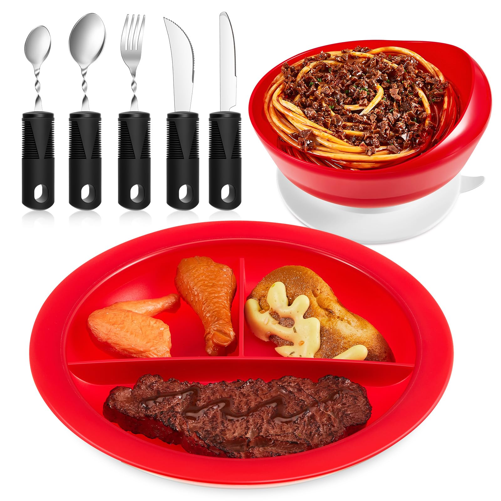 Maxcheck 7-Piece Spill-Proof Scoop Bowl & Divided Plate Set with Suction Base | Non-Slip Weighted Adaptive Utensils | Elderly & Disabled Self-Feeding Dinnerware | Ideal for Assisted Living & Home Care