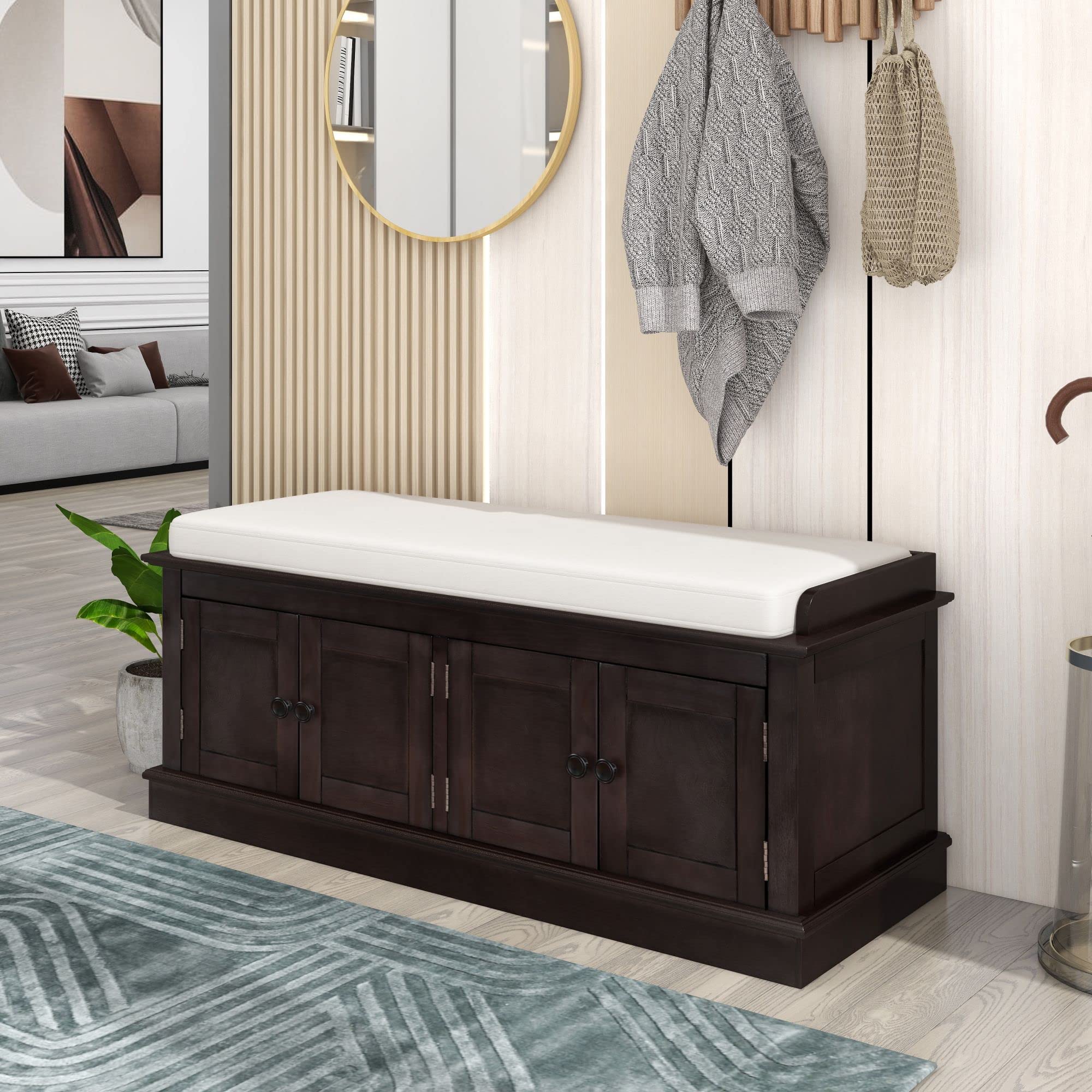 RUNNA Wooden Entryway Storage Bench with 4 Doors & Adjustable Shelves - Shoe Cabinet Ottoman with Removable Cushion for Hallway, Living Room, Bedroom - Espresso Finish - Perfect for Small Space Organization & Entryway Seating