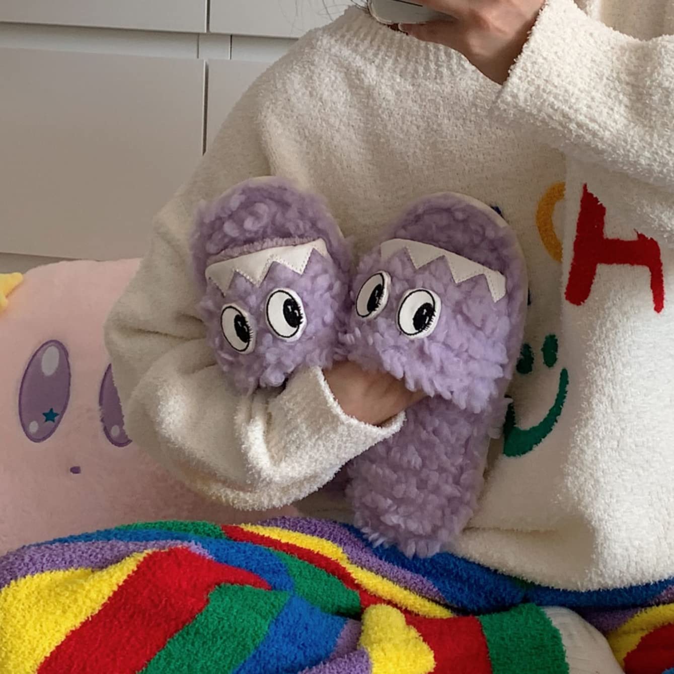 Funny Eyes Fuzzy Slippers - Fluffy Kawaii House Slippers for Women | Cozy Cute Indoor Slippers for Home, Lounge & Gift Giving