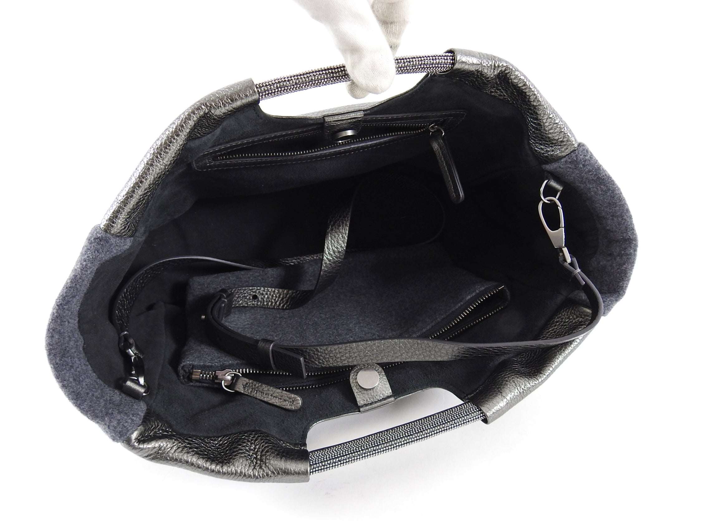 Brunello Cucinelli Grey Monili Bead Trim Small Tote Crossbody Bag - Stylish & Versatile for Work, Travel & Everyday Use
