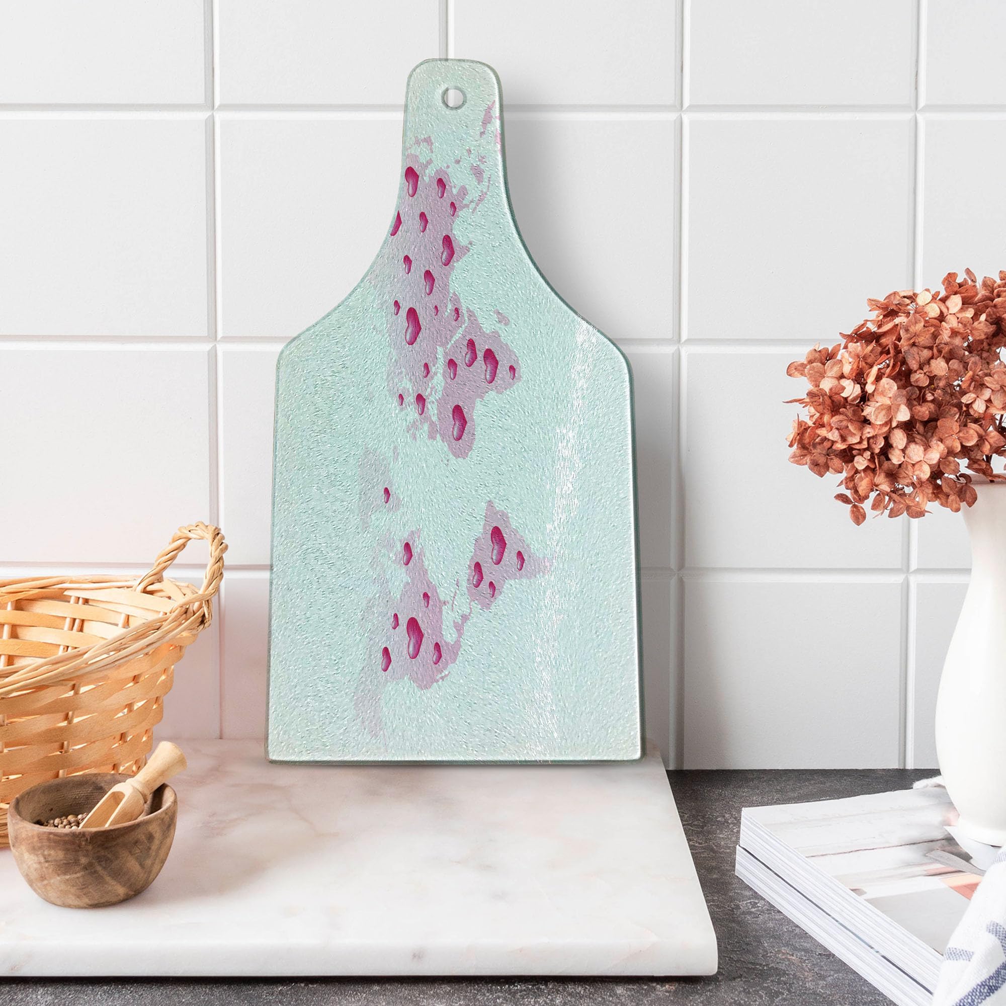 Ambesonne Cartoon Cutting Board - World Map with Hearts, Love Planet Earth Theme - Tempered Glass Serving Board for Kitchen & Dining - Wine Bottle Shape in Pale Pink & Fuchsia - Perfect for Charcuterie, Cheese, and Party Appetizers