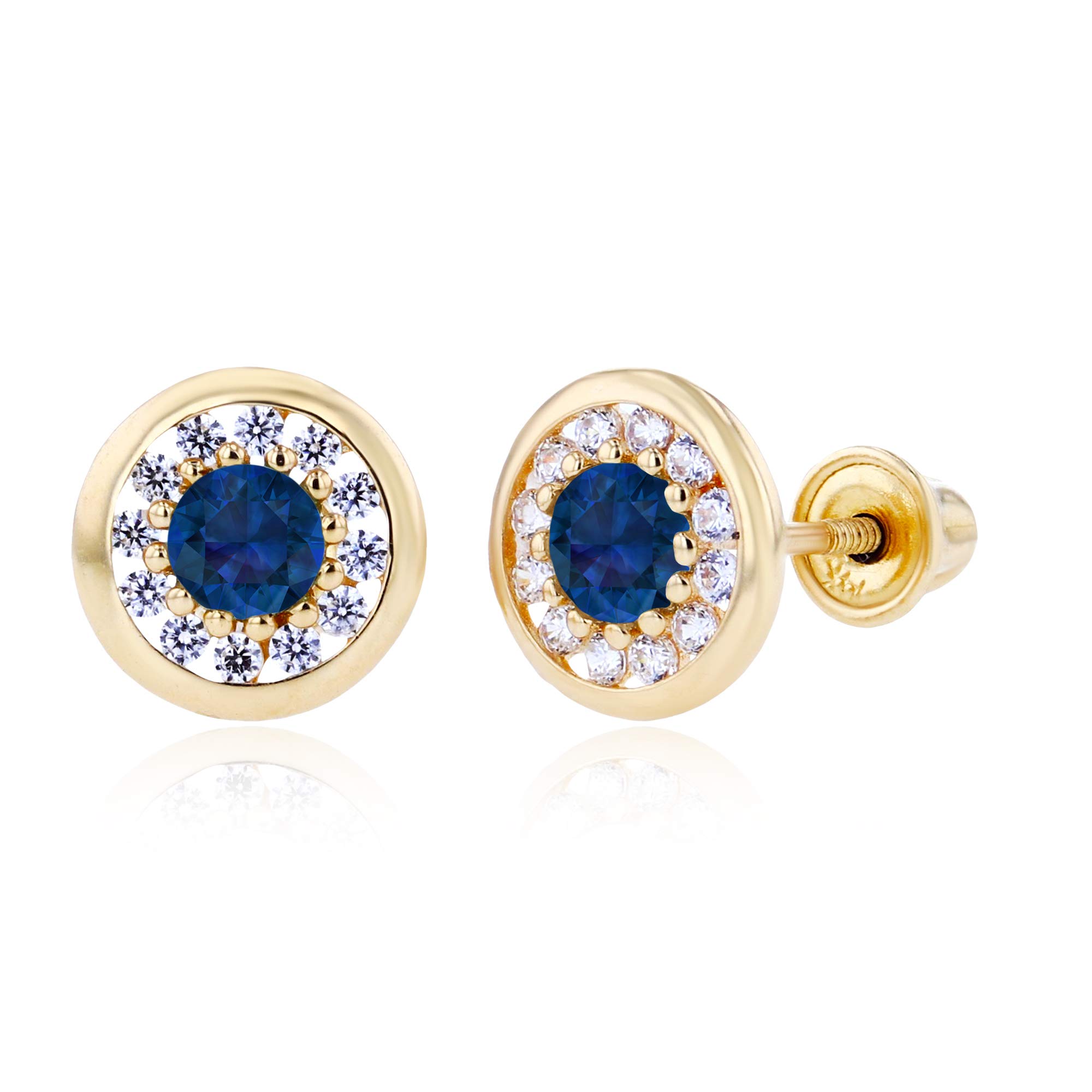 14K Solid Gold 7mm Circle Natural Birthstone Screwback Stud Earrings for Women | 3mm Birthstone & 1mm White Sapphire Pave Earrings | Perfect for Birthdays, Anniversaries & Everyday Elegance