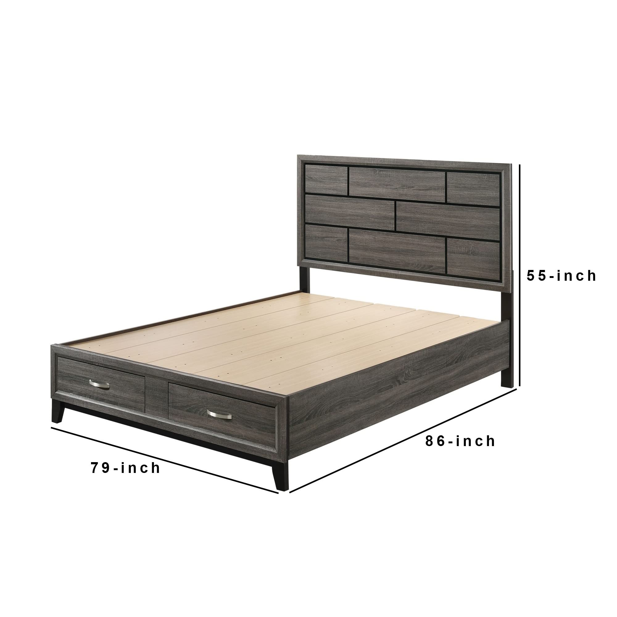 Benjara Eastern King Bed Frame with Grooved Pattern & 2 Storage Drawers, Gray - Modern Bedroom Furniture for Master Suite or Guest Room