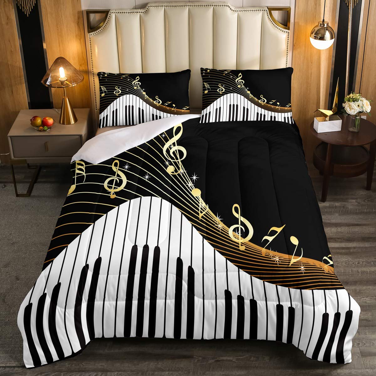 Feelyou Piano Comforter Set - Classic Music Themed Queen Size Bedding for Boys & Girls | Microfiber Musical Duvet Cover with Geometric Stripes | Perfect for Kids' Room Decor, Music Lovers & Themed Bedrooms