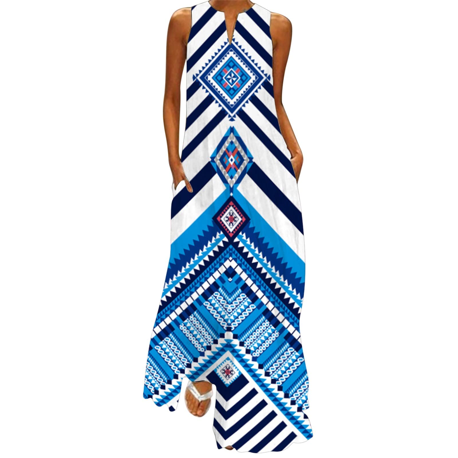 Women's Summer Casual Sleeveless Floral Print V-Neck Maxi Dress - Boho Beach Long Sundress with Pockets | Perfect for Vacation, Pool Party & Outdoor Date Night