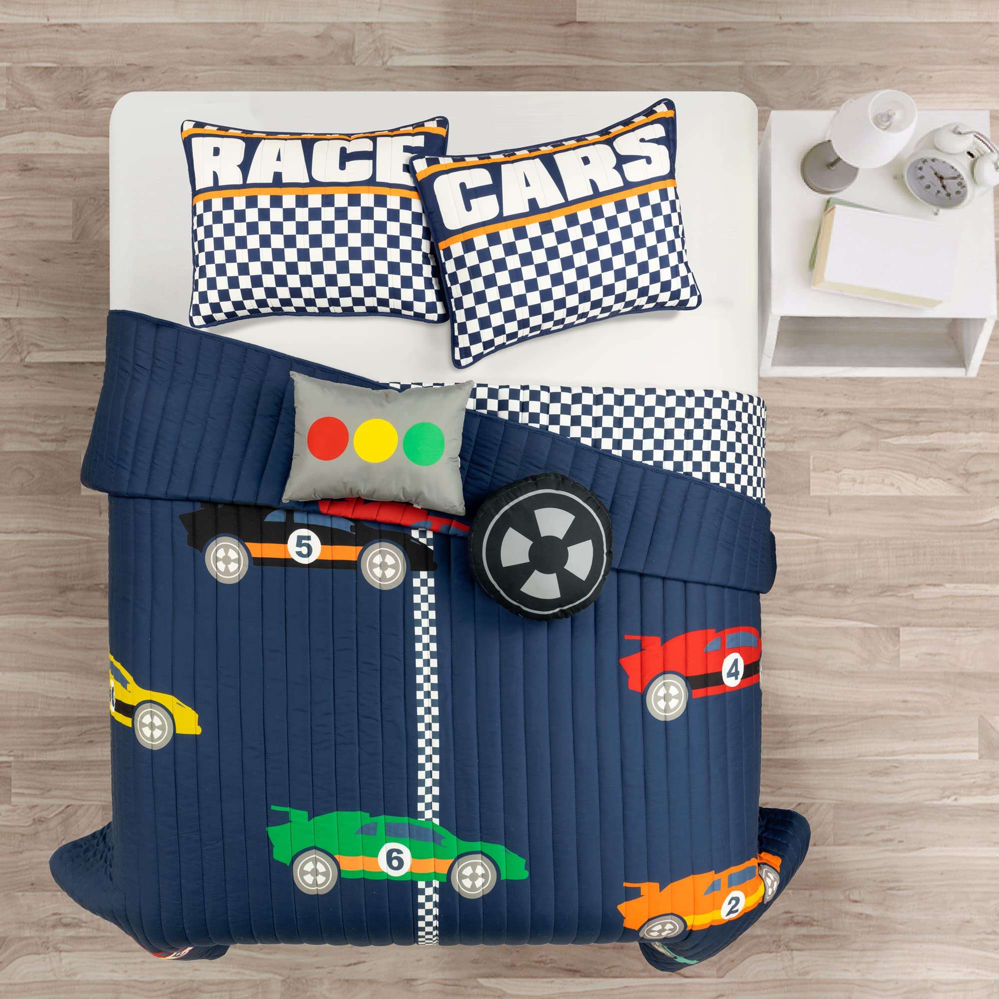 Lush Decor Racing Cars Reversible Quilt Set - Full/Queen Navy for Kids Bedroom