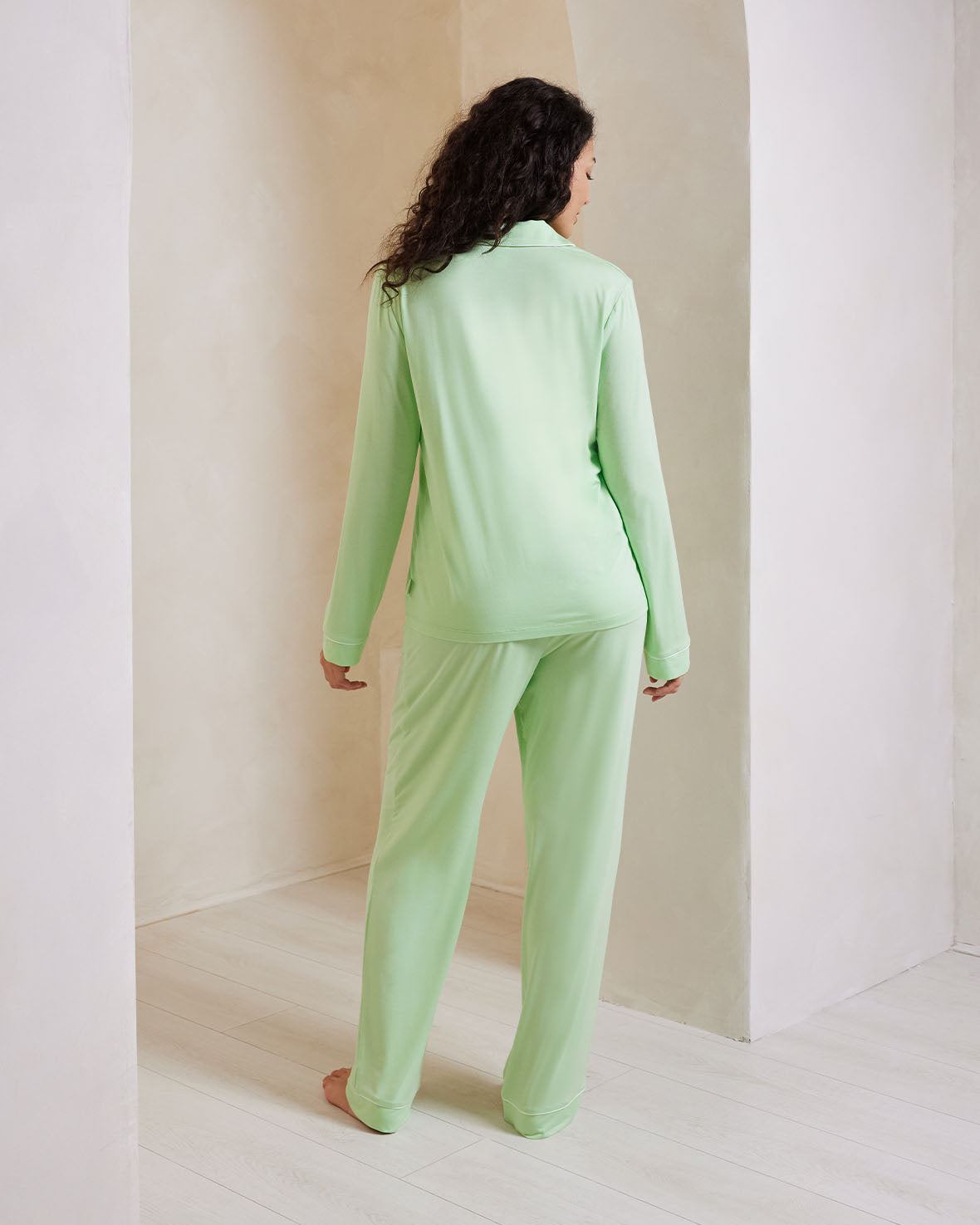 Soft & Breathable TENCEL™ Modal Long Sleeve Button Up Pajama Set for Women - Spring Green Color - Perfect for Sleepwear, Lounge Wear & Cozy Nights at Home