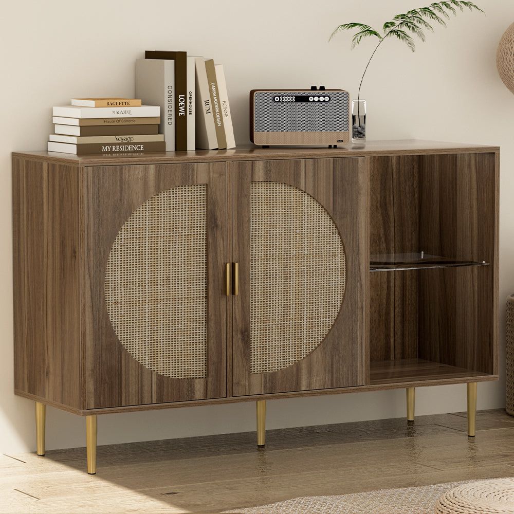 Rattan Buffet Sideboard Cabinet - Stylish Storage & Display Shelves for Kitchen, Dining Room, or Living Room - Natural Woven Cupboard for Home Organization