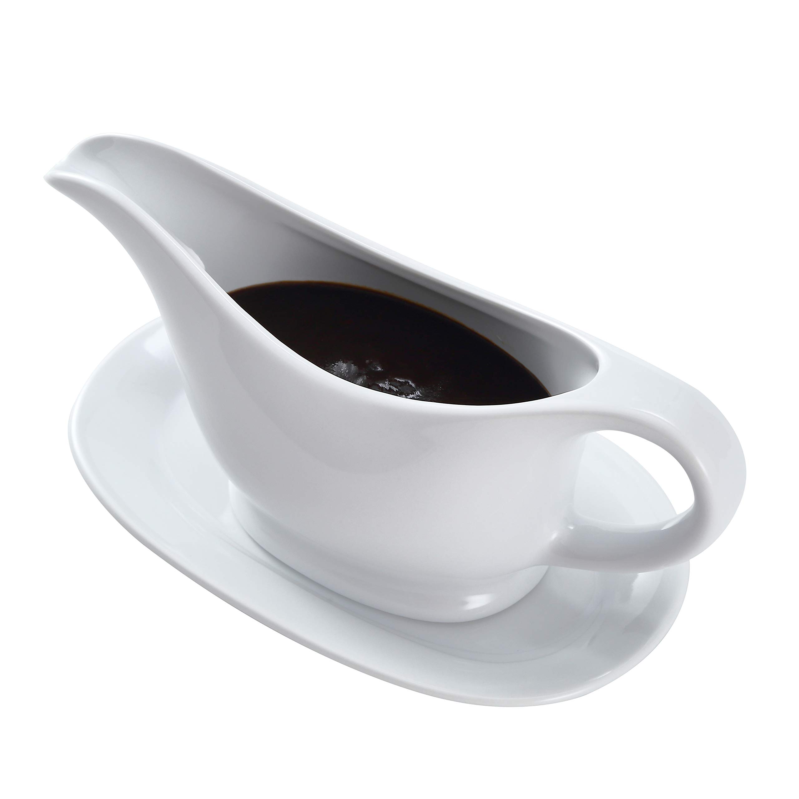 Bruntmor 11 Oz White Ceramic Gravy Boat with Serving Tray - Small Ceramic Sauce Dispenser for Dinner Parties, Holiday Meals & Fine Dining - Perfect for Gravy, Syrup & Dressings