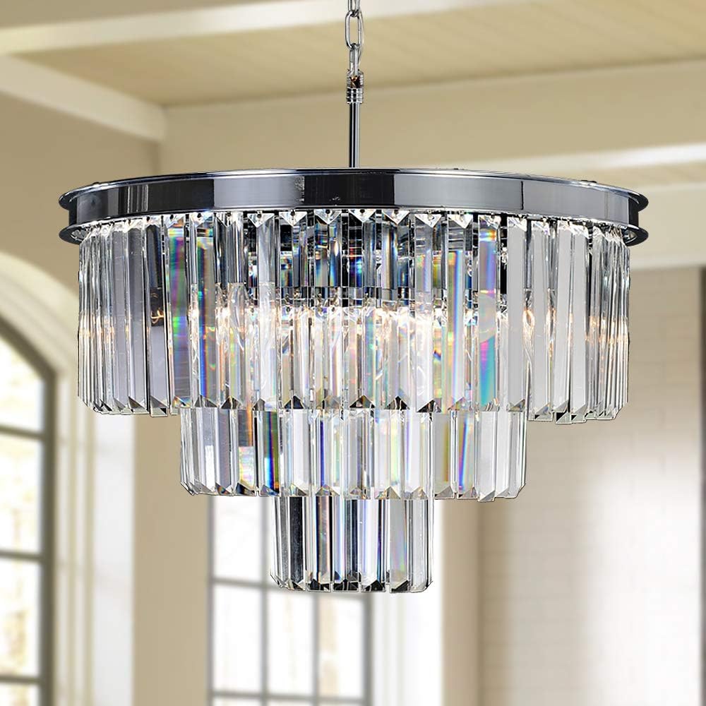 Crystal Chrome Modern Chandelier - 4-Light Pendant Ceiling Fixture with 3-Tier Design for Dining Room, Living Room & Kitchen Island Lighting | Perfect for Home Decor, Wedding Venues and Restaurant Ambiance