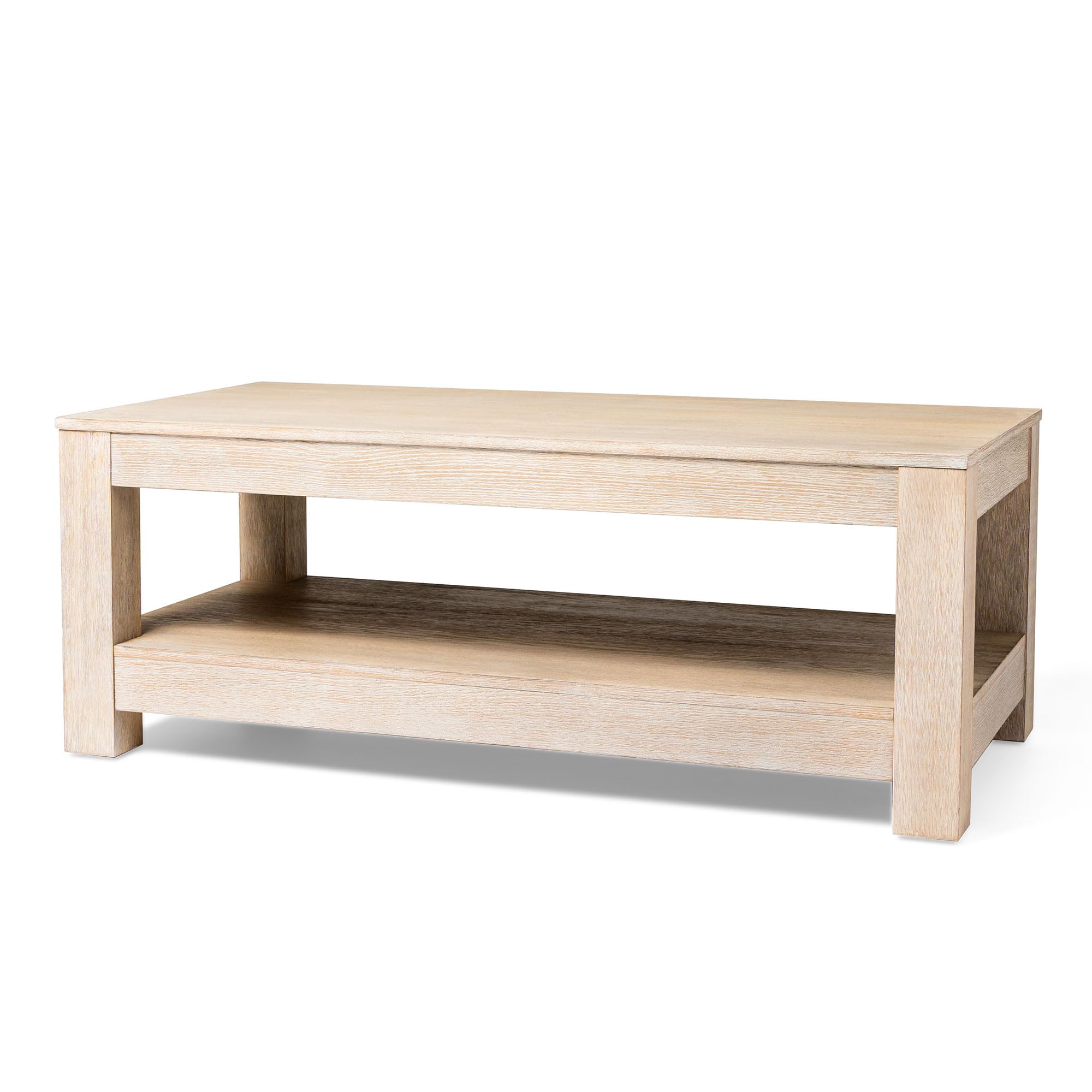 Rustic Rectangle Wooden Coffee Table with Shelf Storage - 2-Tier Maven Lane Paulo Large Center Table in Weathered White Finish for Living Room, Farmhouse & Modern Home Decor