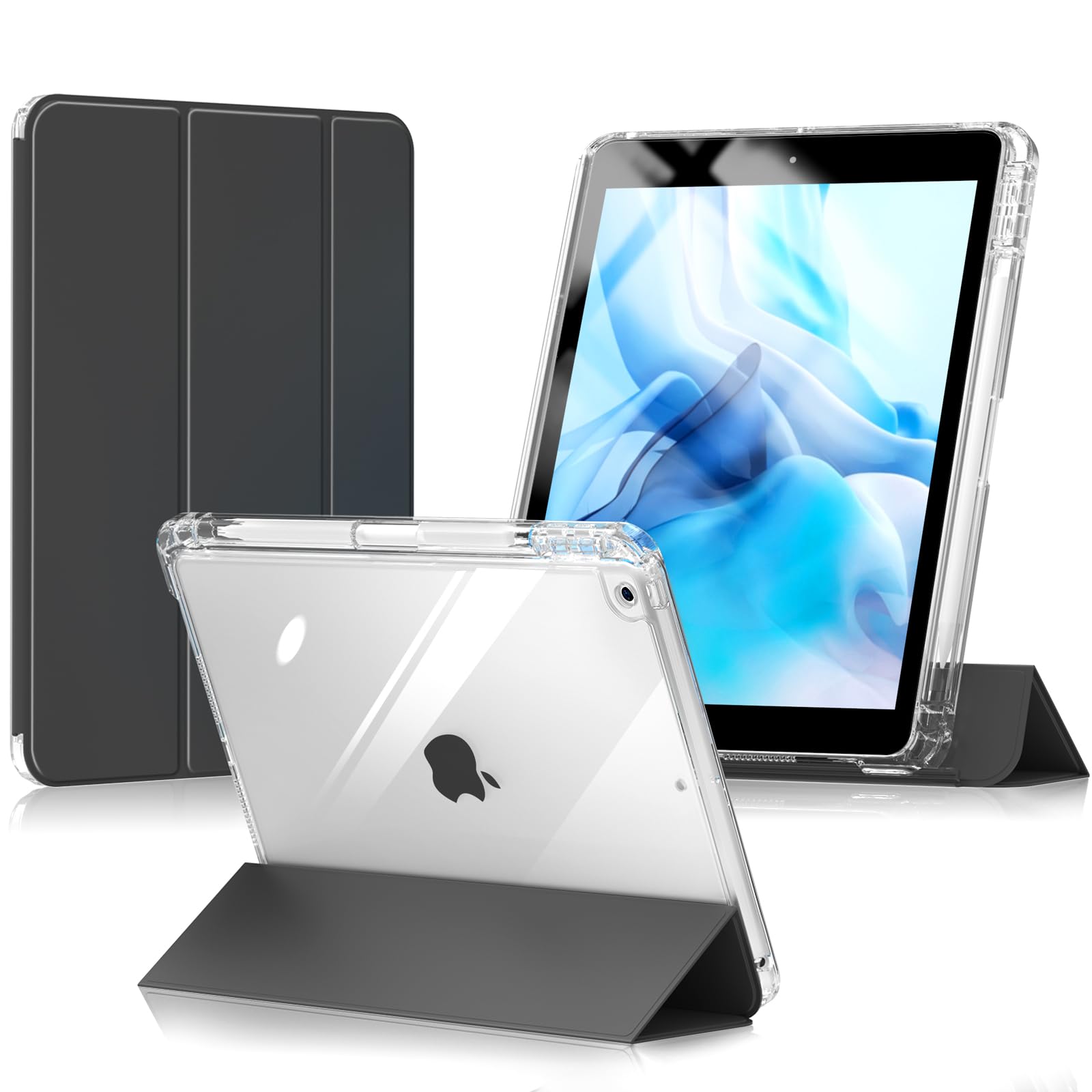 Aoub Hybrid Protective Case for iPad 9th/8th/7th Generation 2021/2020/2019 (10.2 inch) - Detachable Sliding Cover with Clear Hard Back Shell & Built-in Pencil Holder, Auto Sleep/Wake Feature - Perfect for Work, School & Travel - Black