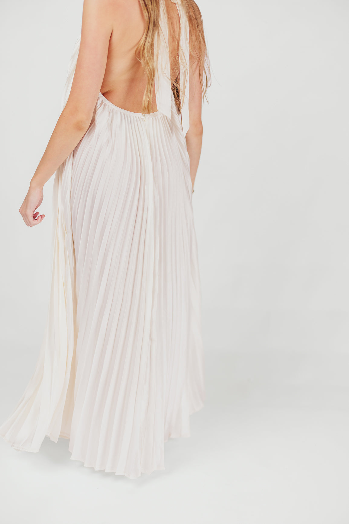 Maren Pleated Halter Maxi Dress in Cream | Bump Friendly Maternity Dress | Perfect for Baby Showers, Beach Vacations & Summer Weddings