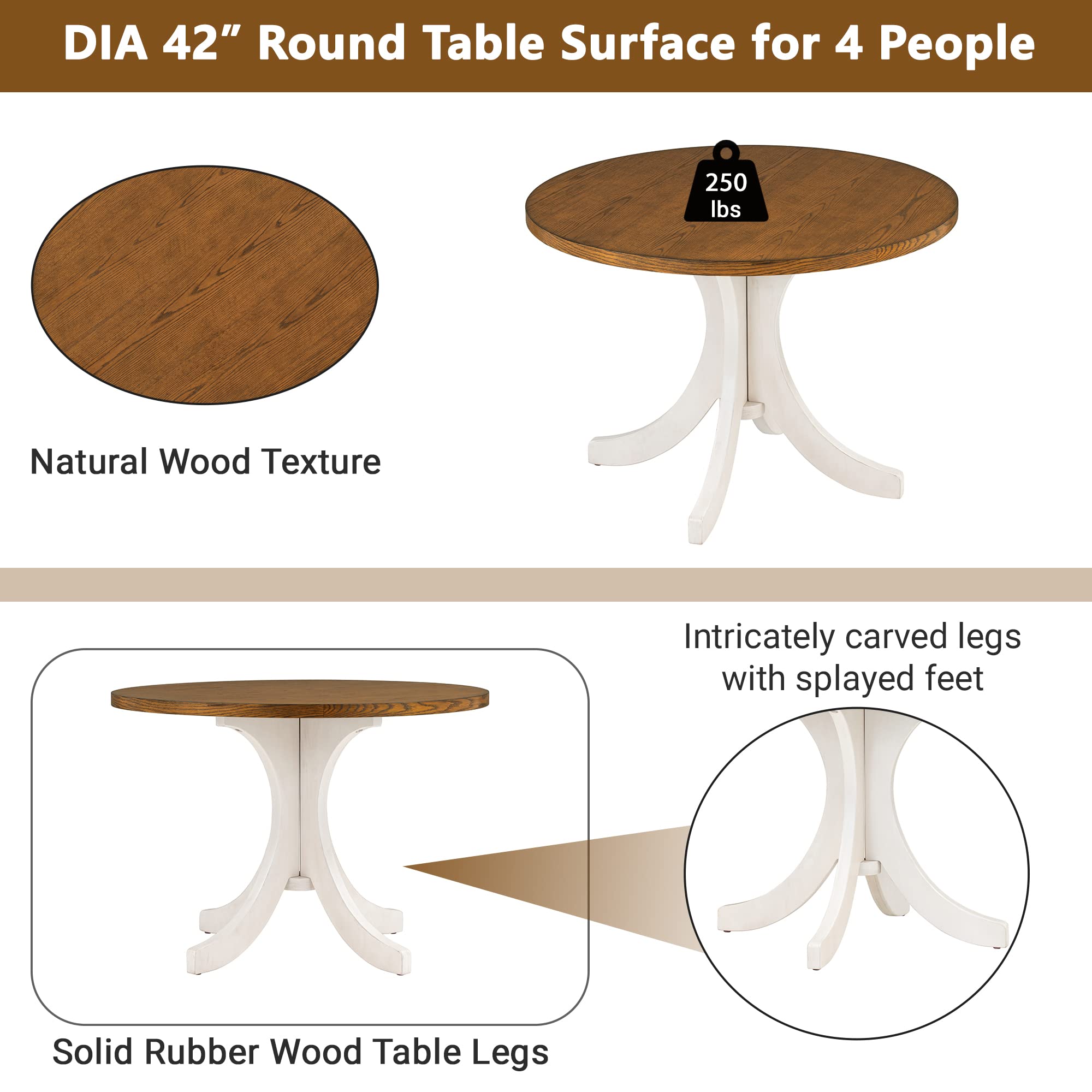 5-Piece Modern Farmhouse Dining Set with Round Acacia Wood Table & 4 Cross Back Chairs - Rustic Kitchen Table with Splayed Legs for Family Meals, Dinner Parties & Small Space Dining Rooms