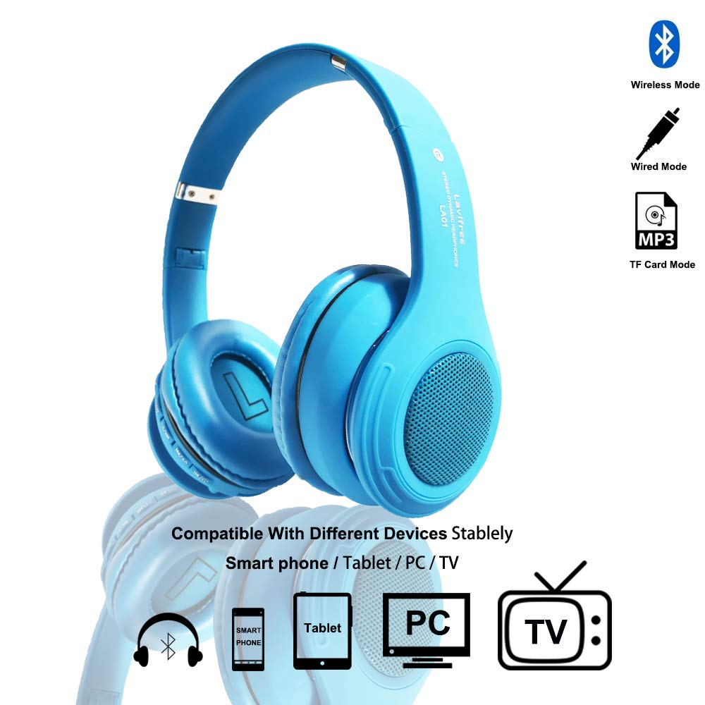 Wireless Bluetooth Kids Headphones with LED Lights, 85dB Volume Limiting, Foldable Design, Built-in Mic, FM Radio & Micro SD Support - Compatible with Phone, Tablet, PC, Laptop, TV (Blue) - Perfect for Online Learning, Gaming, and Travel Entertainment