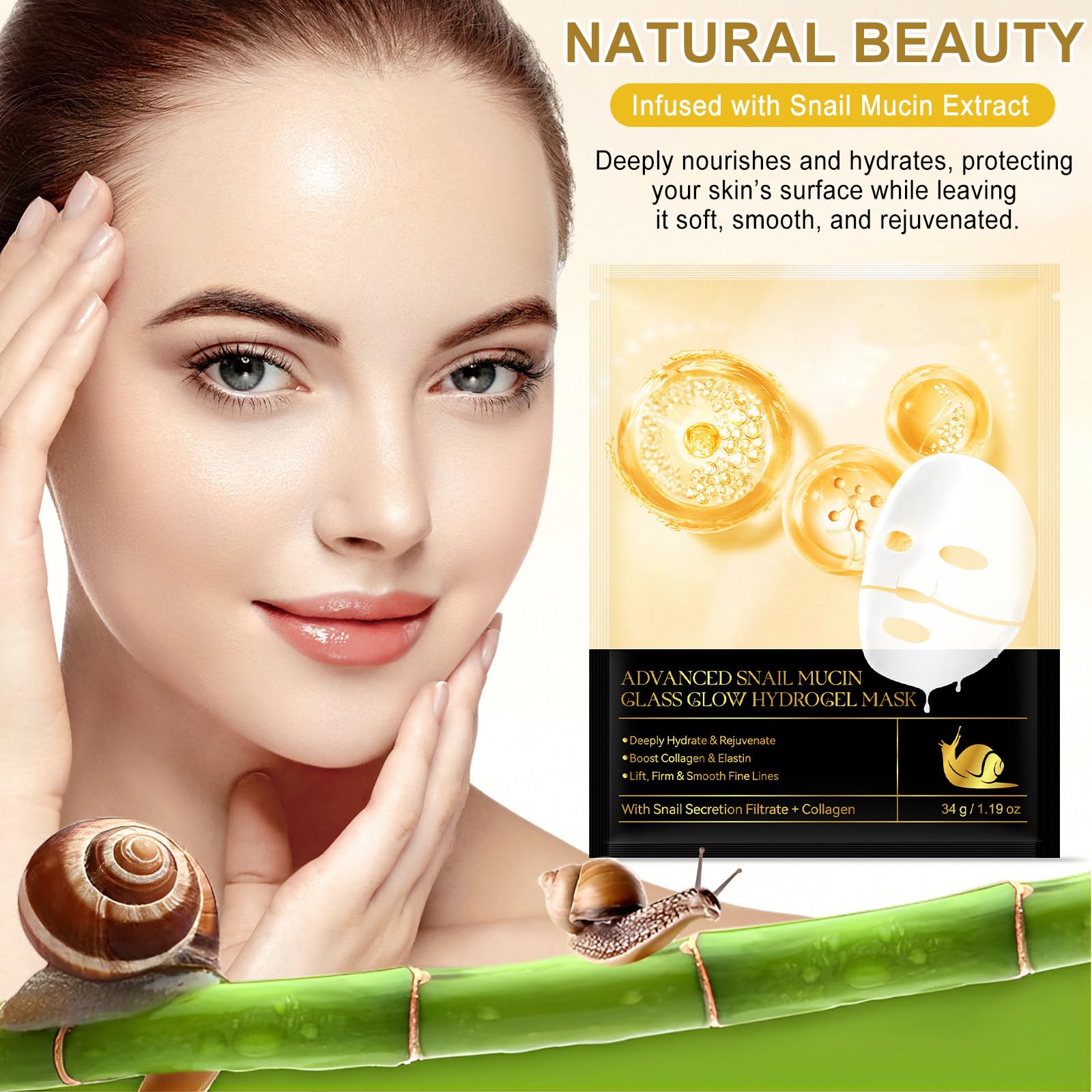 **Snail Mucin Sheet Facial Mask - Collagen & Hyaluronic Acid Deep Hydrating Overnight Mask for All Skin Types - Anti-Wrinkle & Lifting Treatment (4 PCS) - Perfect for Nighttime Skincare & Spa Days**