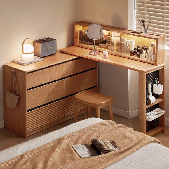 Solid Oak Wood Modern Extendable Dressing Table - Adjustable Vanity Desk for Makeup & Skincare - Perfect for Bedroom, Dorm, or Apartment