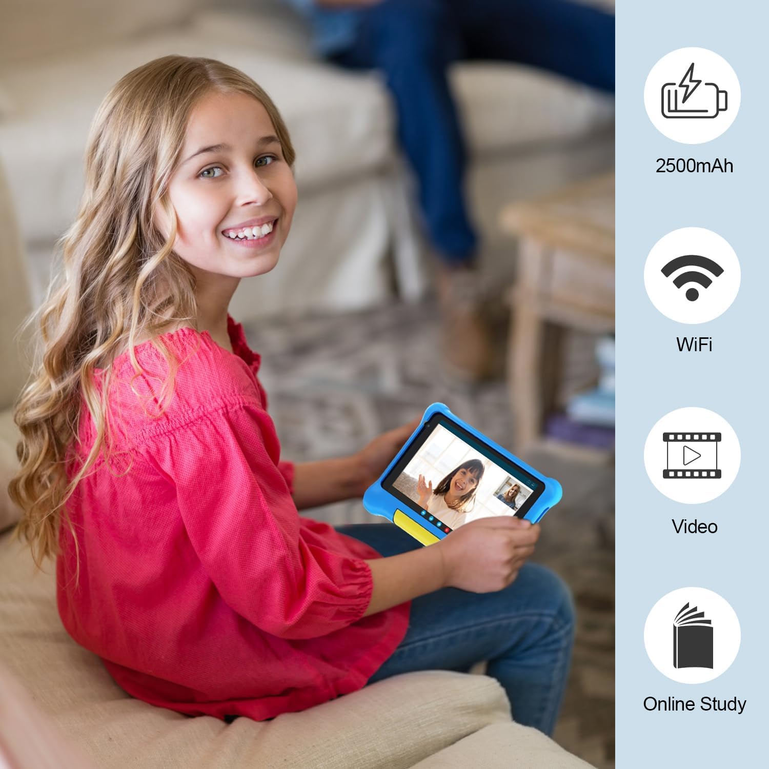 HotLight 7 Inch Kids Tablet with Parental Control - Android 13, Quad-Core Processor, Dual Camera, WiFi & Bluetooth - Shockproof Protective Case (Blue) - Perfect for Learning, Games & Travel Entertainment