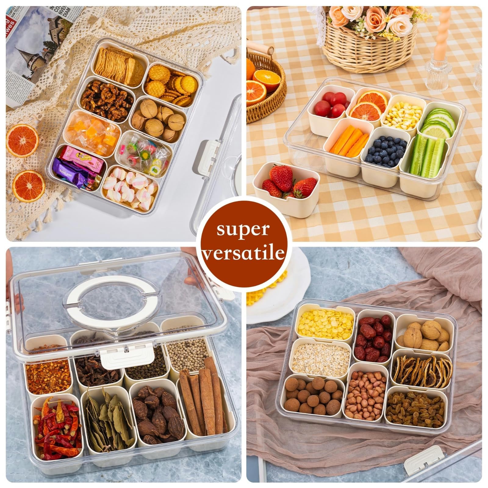 Portable Divided Snackle Box Container with Lid & Handle - 3-Compartment Serving Tray for Fruits, Candy, Treats | Perfect for Picnics, Parties, Road Trips & Office Snacks