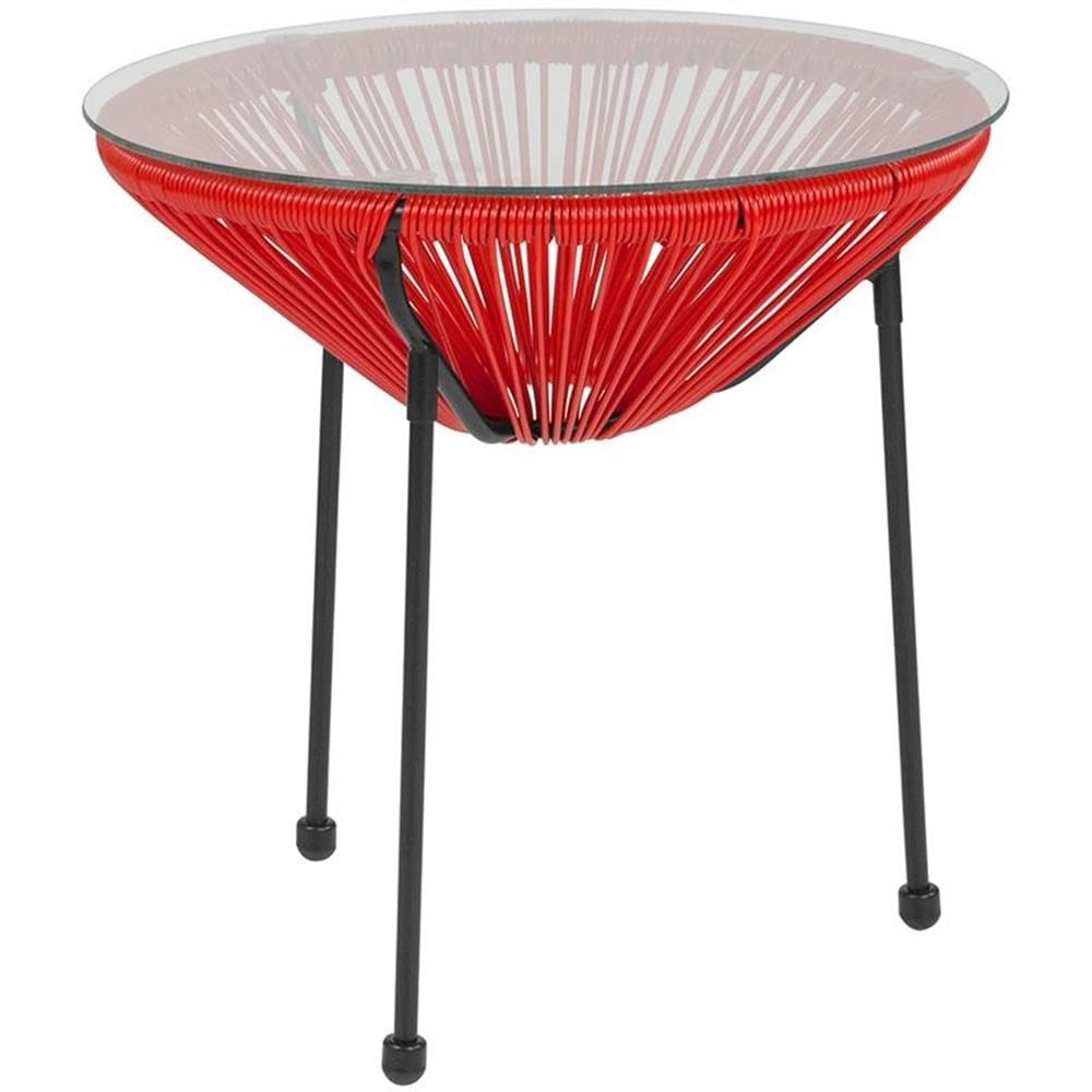 Red and Black Valencia Glass Top Patio End Table Set of 2 - Outdoor Furniture for Poolside, Garden, or Deck Use