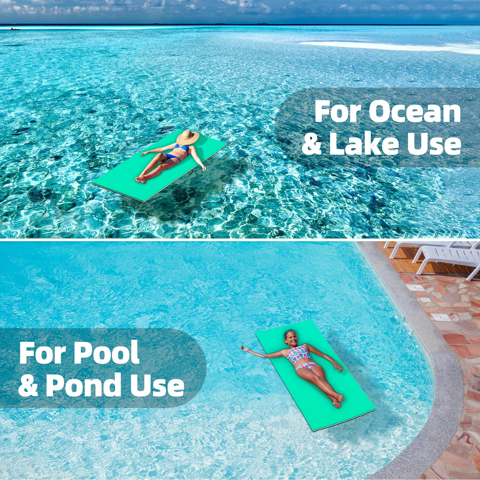 **7' x 3' Floating Water Mat for Pool, Lake, Pond & River – Thick Non-Slip Lily Pad Raft for Adults – Black & Green – Perfect for Relaxing, Sunbathing & Water Fun**