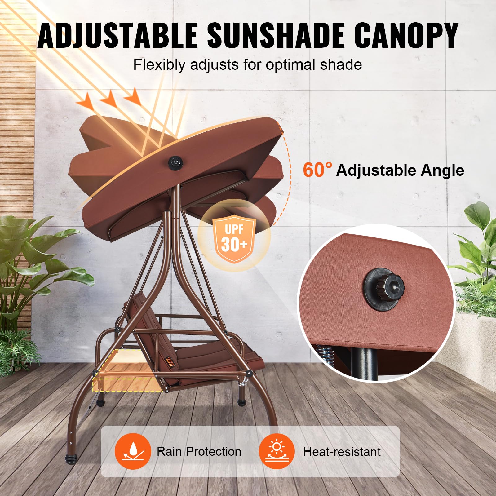 VEVOR 3-Seat Patio Swing Chair with Convertible Canopy - Outdoor Porch Swing with Adjustable Canopy, Removable Thick Cushions & Durable Alloy Steel Frame - Perfect for Balcony, Backyard, Poolside, Garden (Brown) | Relaxing Outdoor Seating for Lounging, Reading & Entertaining