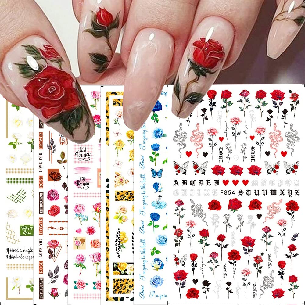 3D Self-Adhesive Flower Nail Art Stickers - Spring Rose & Butterfly Design, 6 Sheets Nail Decals for Women & Girls, DIY Acrylic Nail Decorations | Perfect for Spring Nails, Bridal Nail Art, Salon Manicures & Home DIY Nail Designs