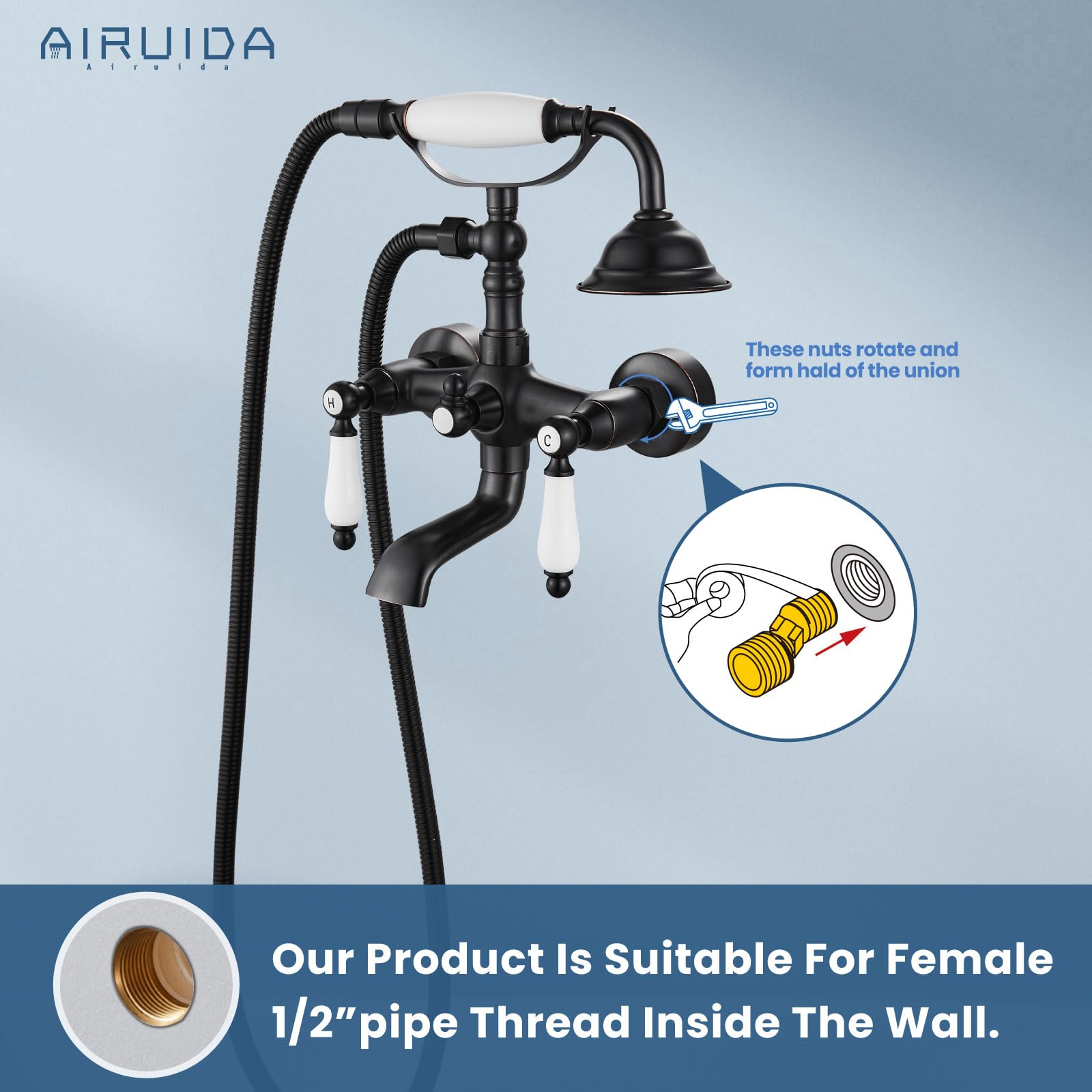 Oil Rubbed Bronze Wall Mount Tub Faucet with Telephone Shaped Handheld Shower Sprayer - Double Ceramic Lever Handles, Hot & Cold Water Mixer Tap - Perfect for Vintage & Industrial Style Bathrooms