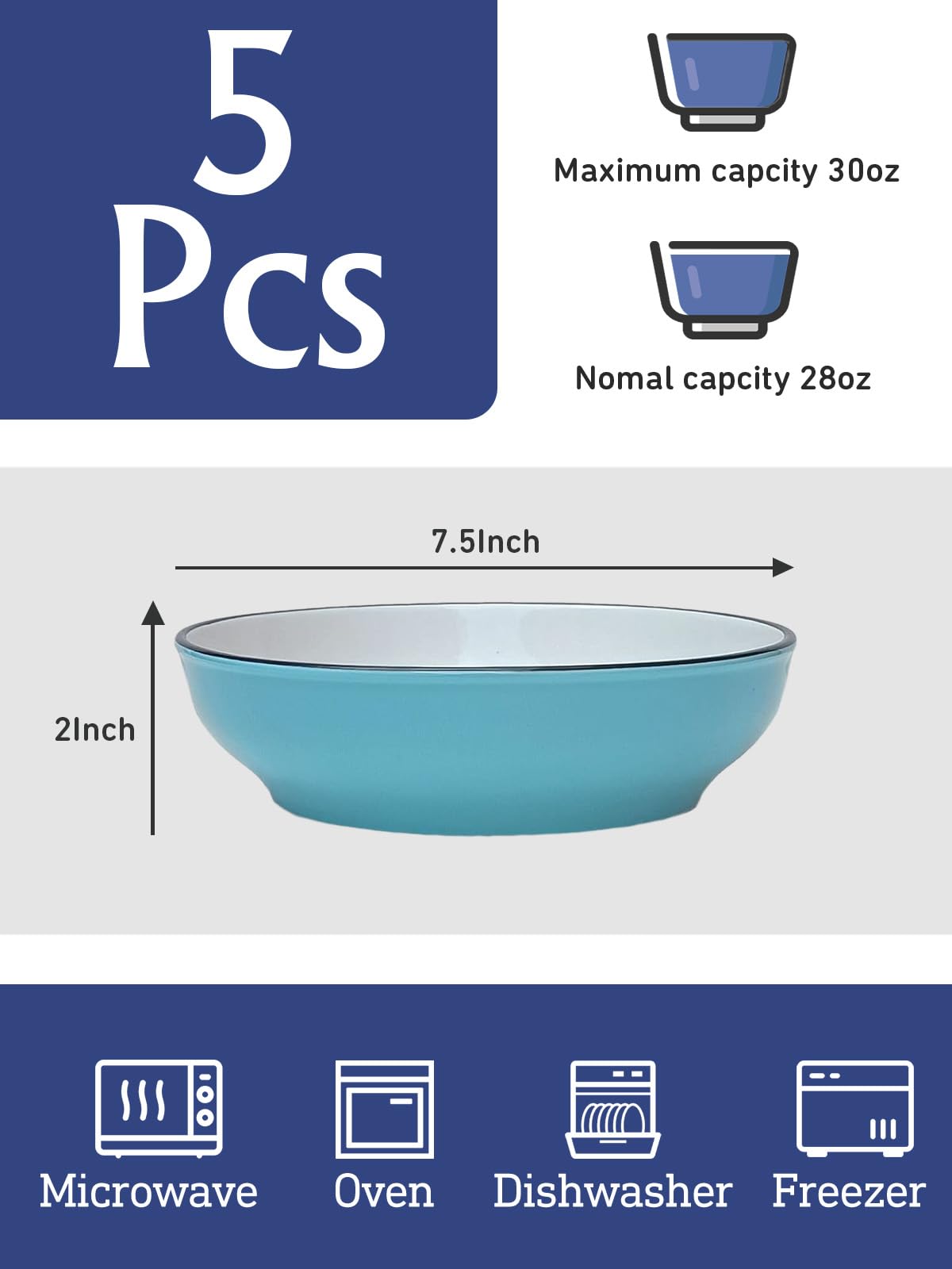 5-Piece Ceramic Pasta Bowls Set - 30oz Microwave & Dishwasher Safe for Soup, Salad - Kitchen & Dining Use