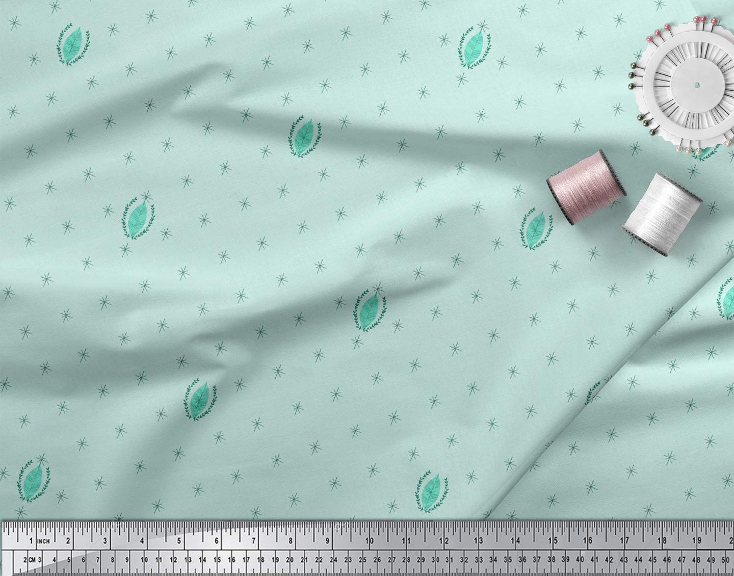 Soimoi Moss Green Georgette Fabric by The Yard - 42 Inch Wide - Leaves & Asterisk Print - Lightweight Draping Material for Dresses, Scarves & Home Decor