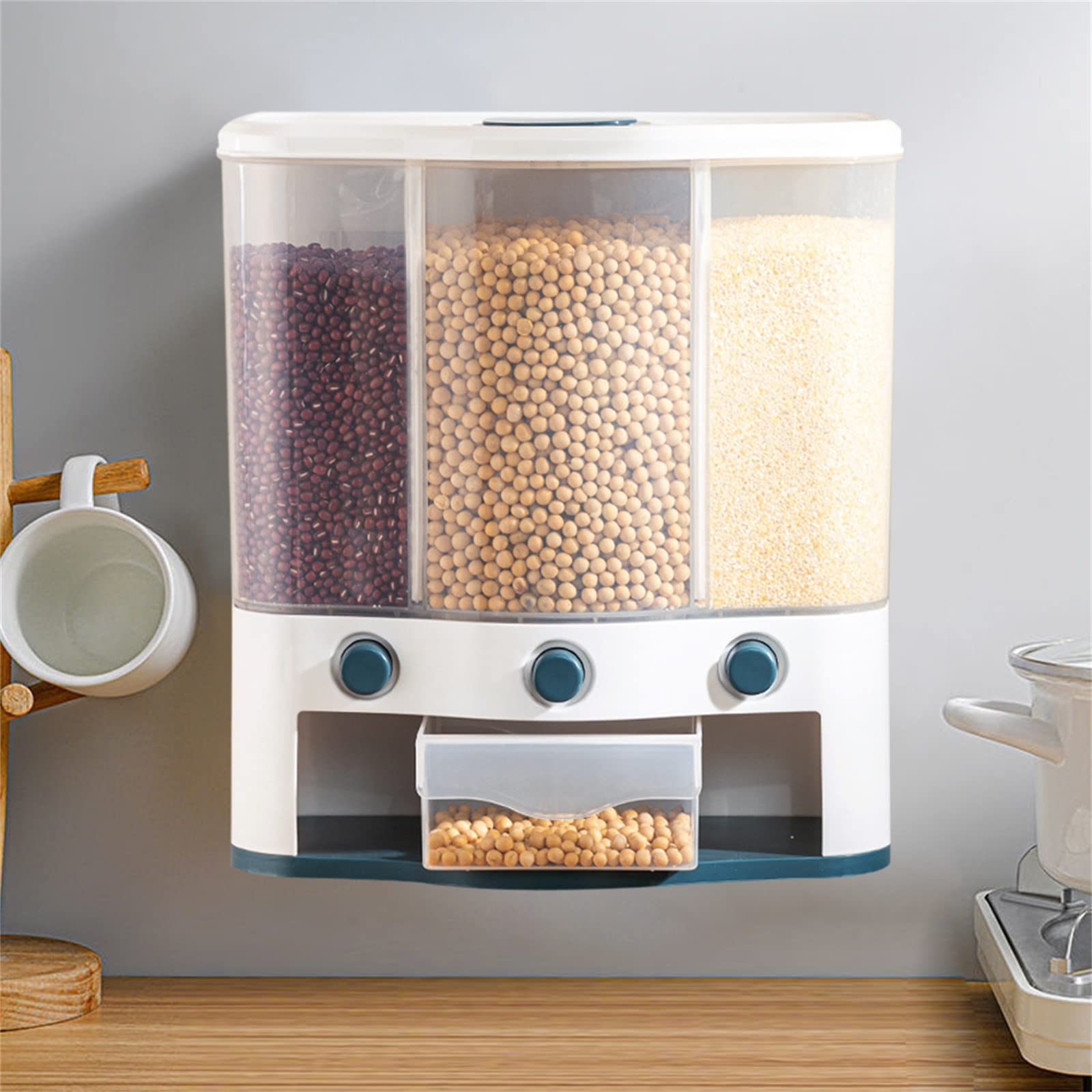 3-Grid Dry Food Dispenser - 6L Wall Mounted Rice & Cereal Storage Container with Lid & One-Click Output - Perfect for Kitchen Pantry Organization of Rice, Nuts, Beans & Grains - Space Saving Solution for Bulk Food Storage