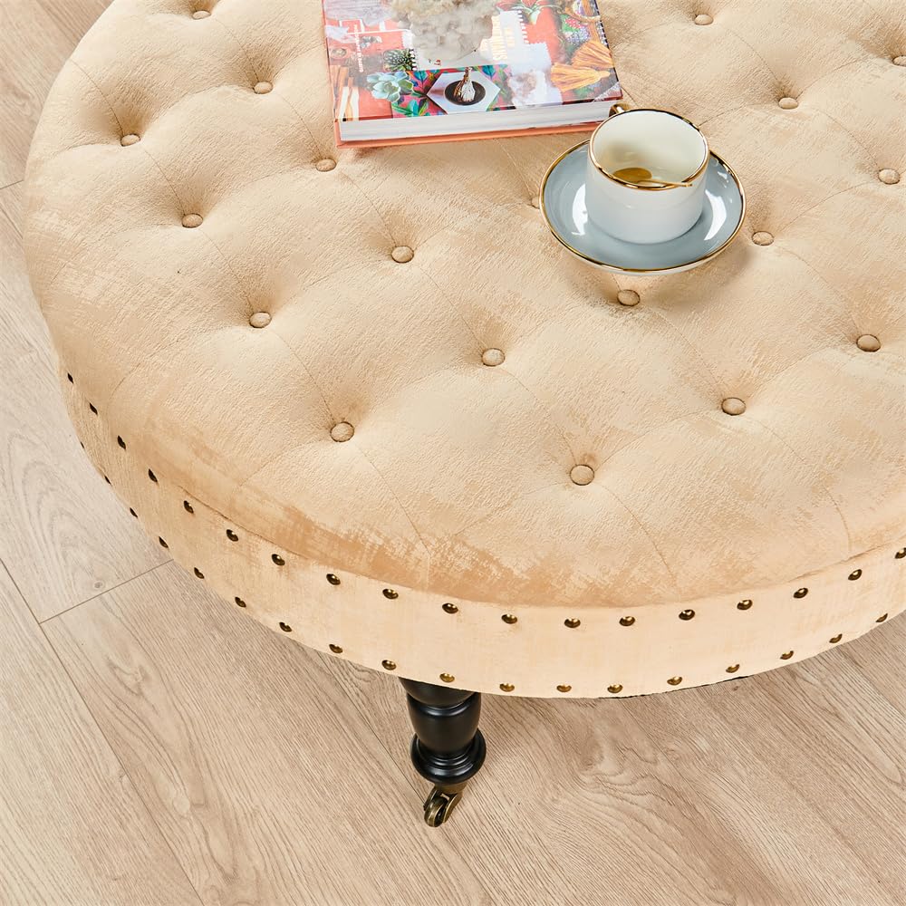 Round Velvet Tufted Ottoman Coffee Table - 34