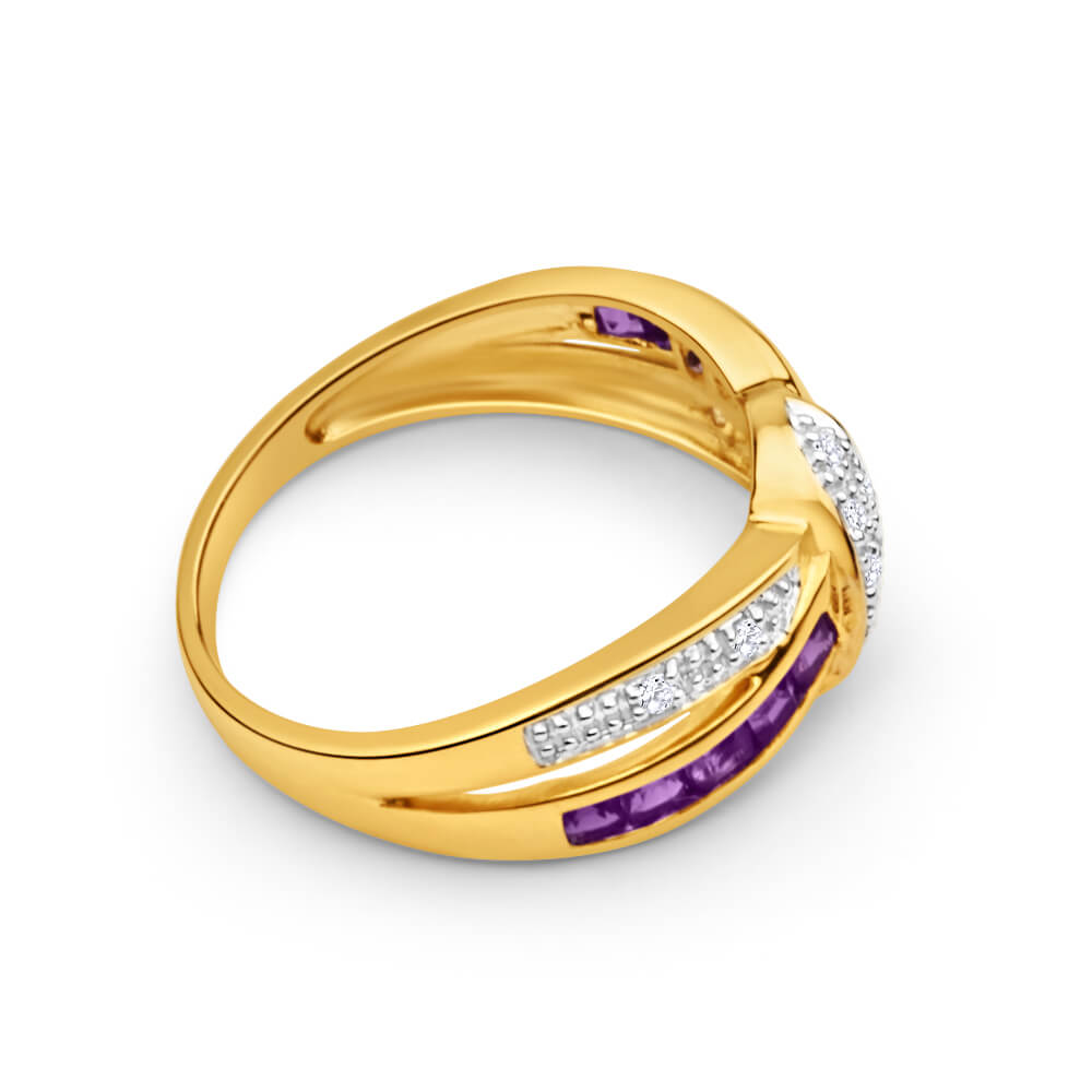9ct Yellow Gold Amethyst and 10 Diamond Cross Over Ring for Women - Elegant Stackable Jewelry Gift for Valentine's Day, Anniversary & Special Occasions