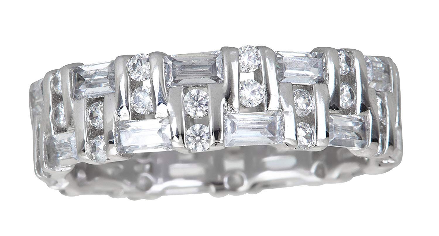 Elegant Sterling Silver Rose Baguette & Round Eternity Wedding Band Ring for Women - Perfect for Anniversaries, Engagements & Special Occasions