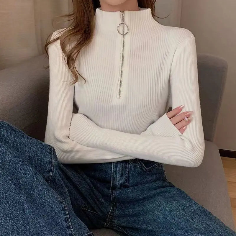 Vintage Solid Knitted Long Sleeve Zip-Up Half Turtleneck Sweater for Women - Cozy Winter Pullover for Casual Outfits & Office Wear