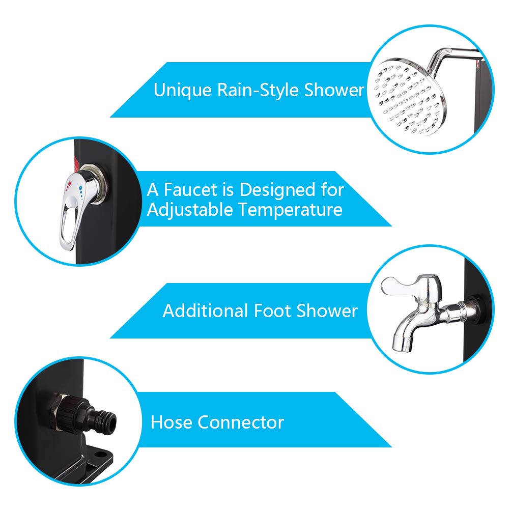 VINGLI 9.3 Gallon Solar Outdoor Shower with Adjustable Shower Head & Foot Tap - Portable Camping, Beach, Poolside, Backyard, RV & Garden Use - Black (35L)