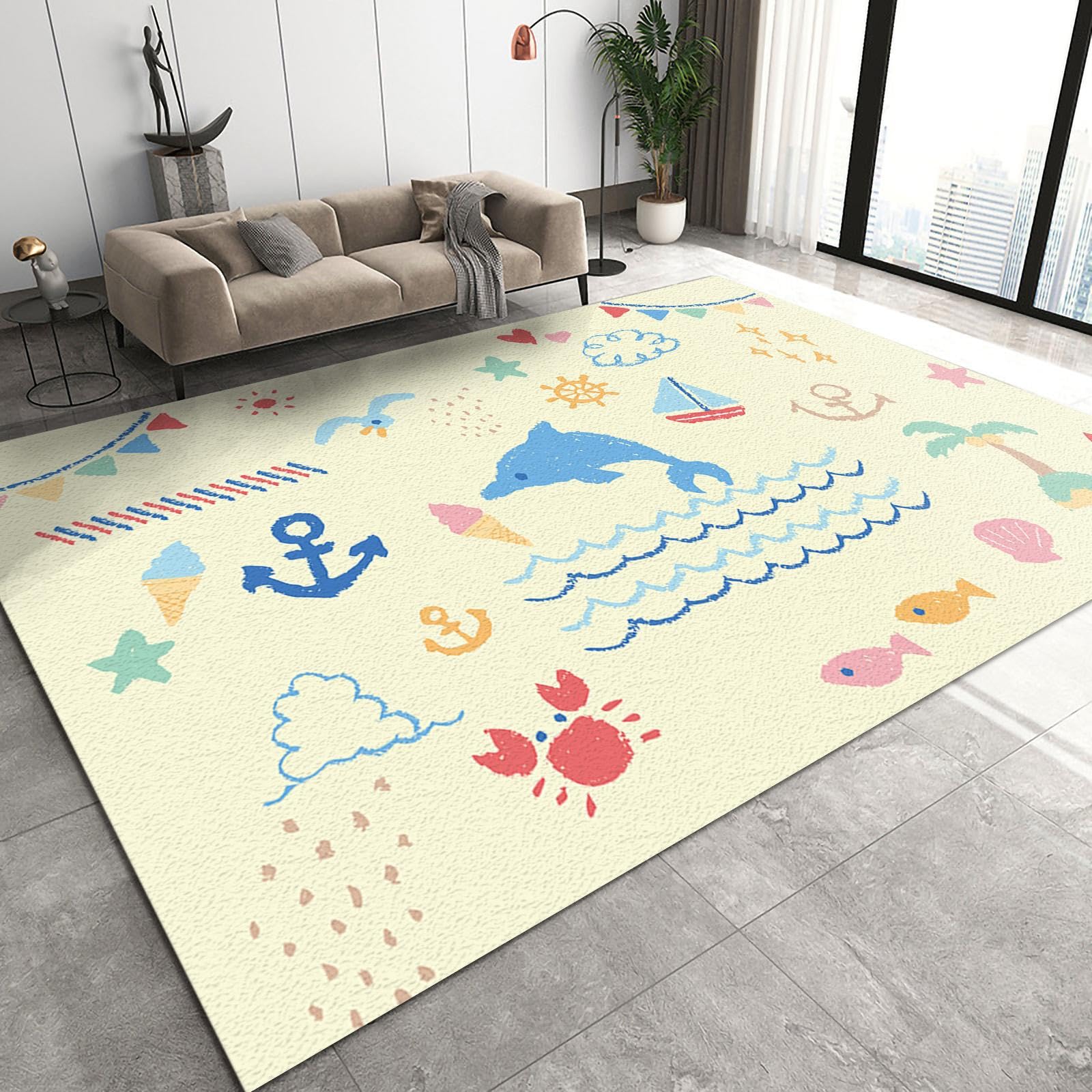Handmade Cute Cartoon Whale Area Rug - Non-Slip Soft Machine Washable Nursery Carpet for Kids Room, Living Room & Bedroom Decor - 5x7ft - Perfect for Playtime, Storytime & Cozy Floor Activities