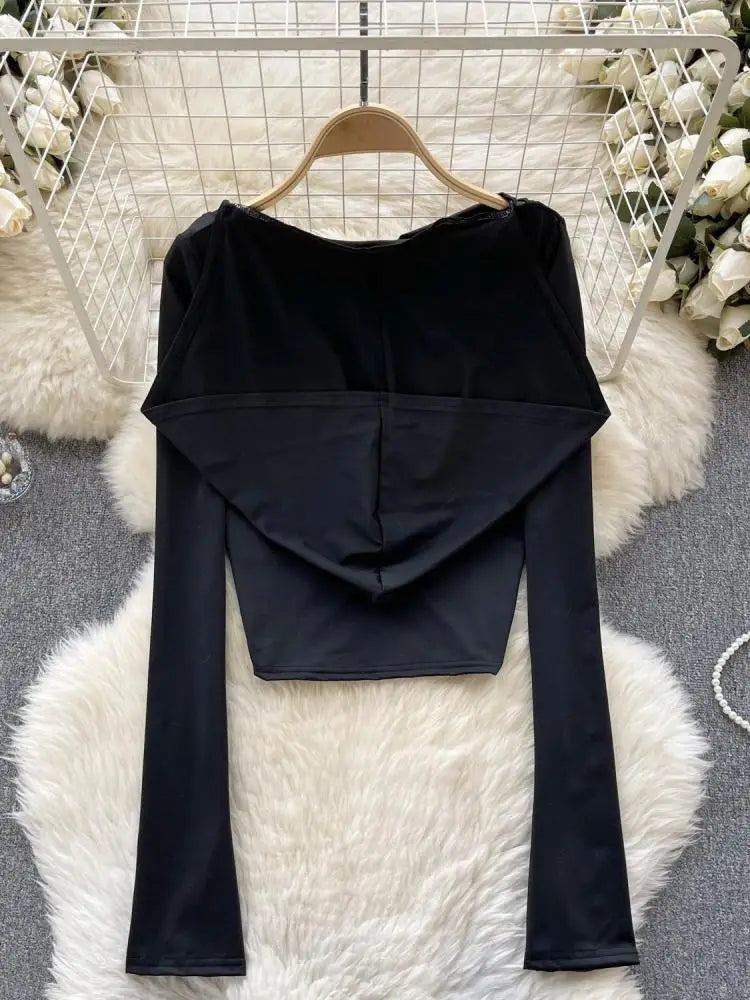 Women's Black Slim Fit Long Sleeve Ruched Hooded Cropped T-Shirt - Street Style Casual Pullover Top for Everyday Wear, Outfits & Fashion Trends